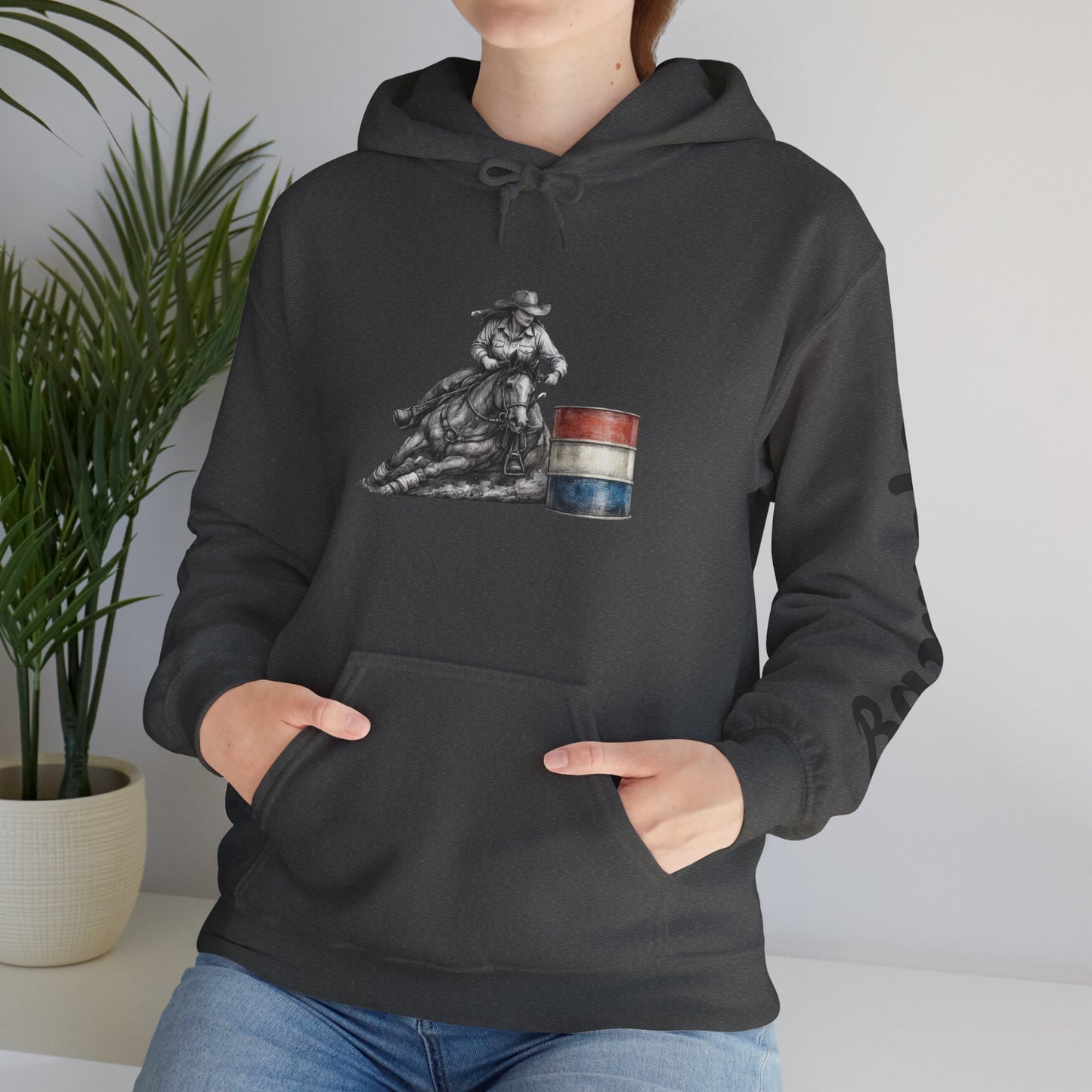 Cowboy Barrel Racing Hoodie — Western Rodeo Pullover with 'barrels' Sleeve Text