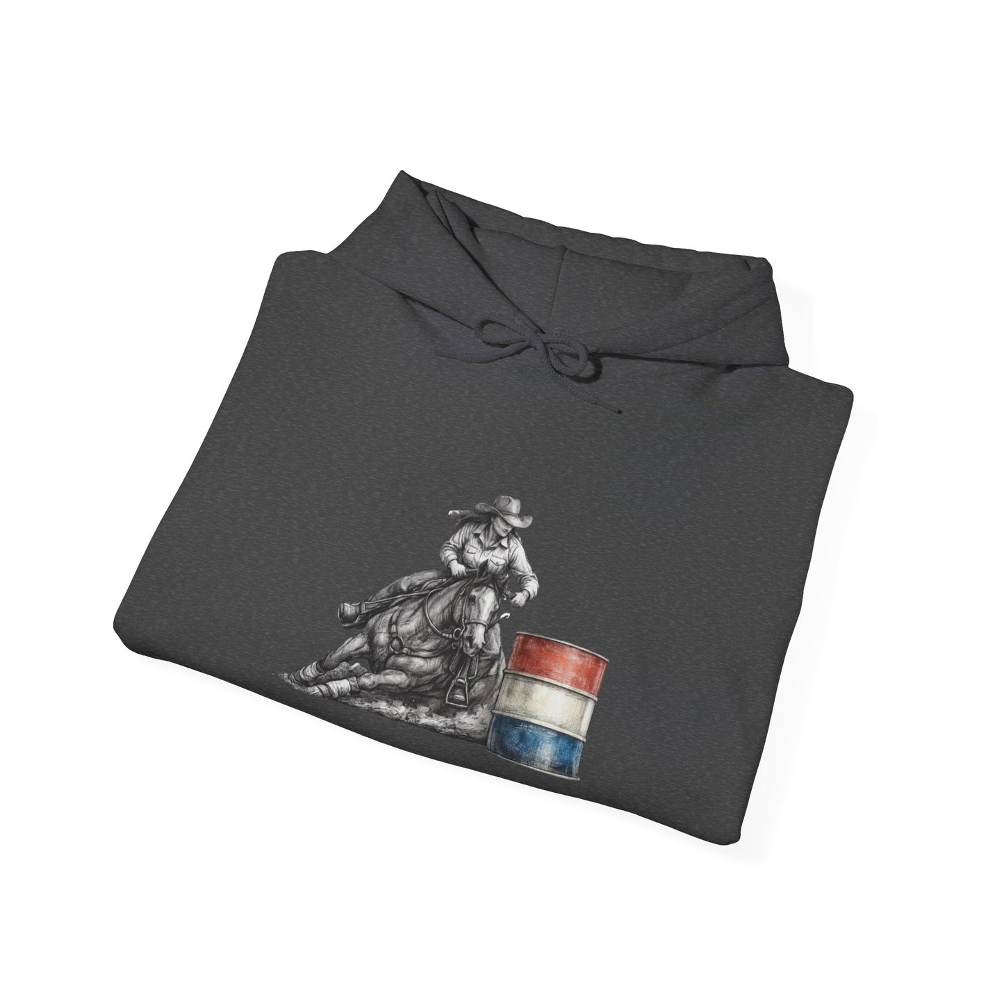 Cowboy Barrel Racing Hoodie — Western Rodeo Pullover with 'barrels' Sleeve Text