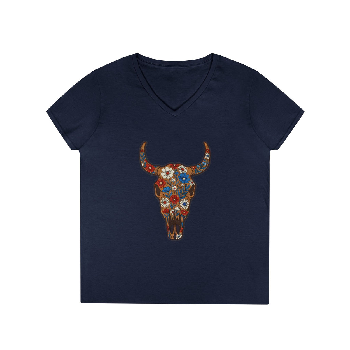 Floral Bull Skull V-Neck Tee