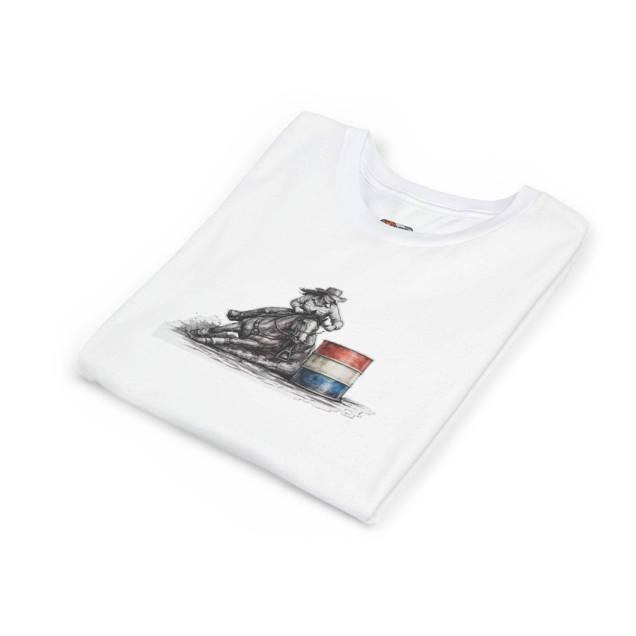 Youth Tee — Rodeo Cowgirl with Patriotic Barrel Graphic