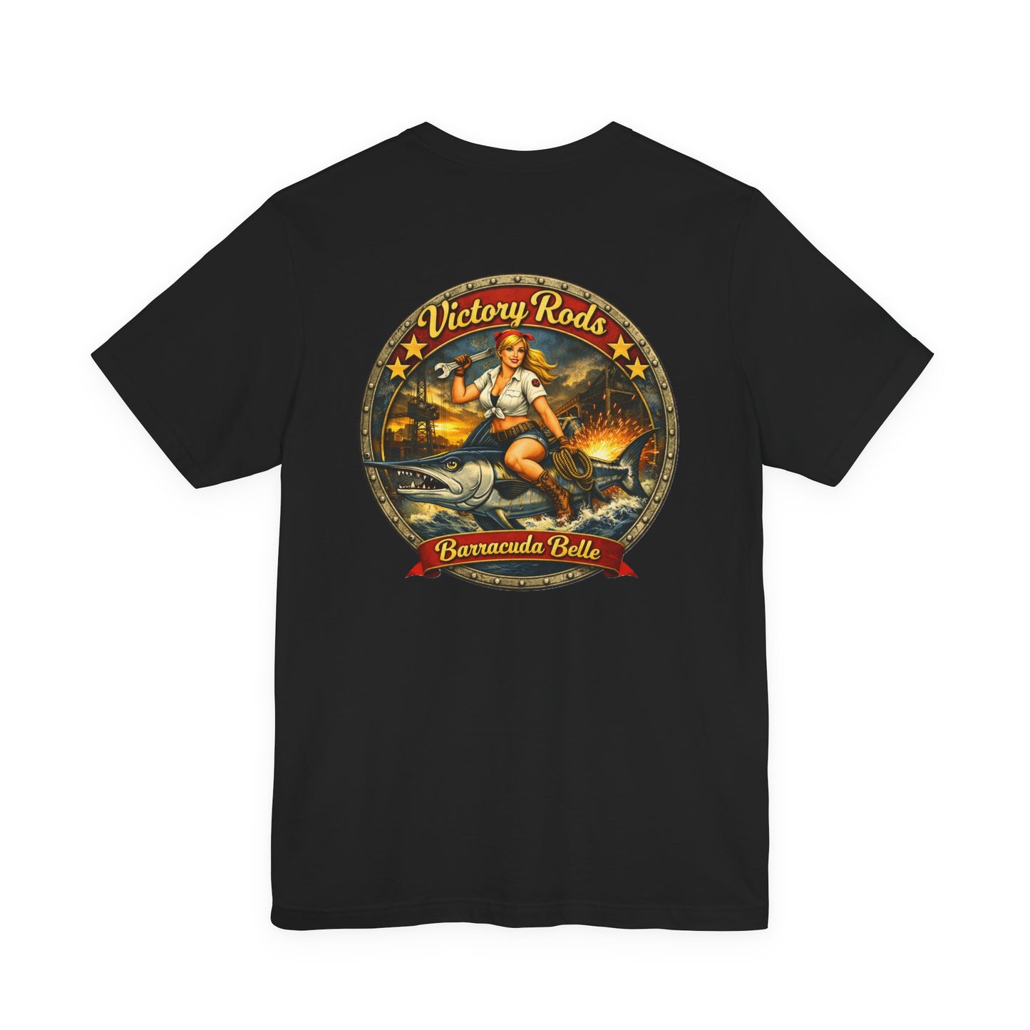 Barracuda Belle Vintage Pinup Tee — Victory Rods Motorcycle T‑Shirt