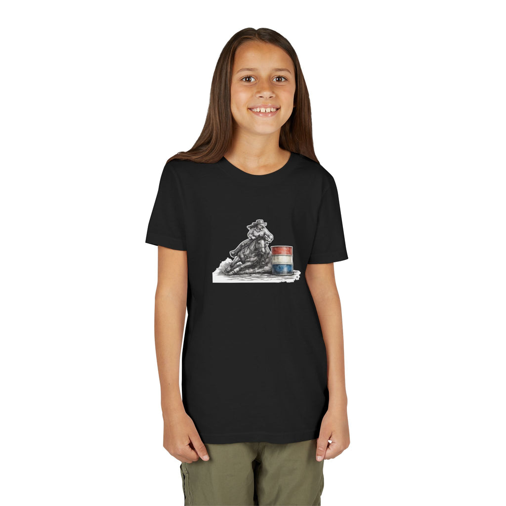 Youth Tee — Rodeo Cowgirl with Patriotic Barrel Graphic