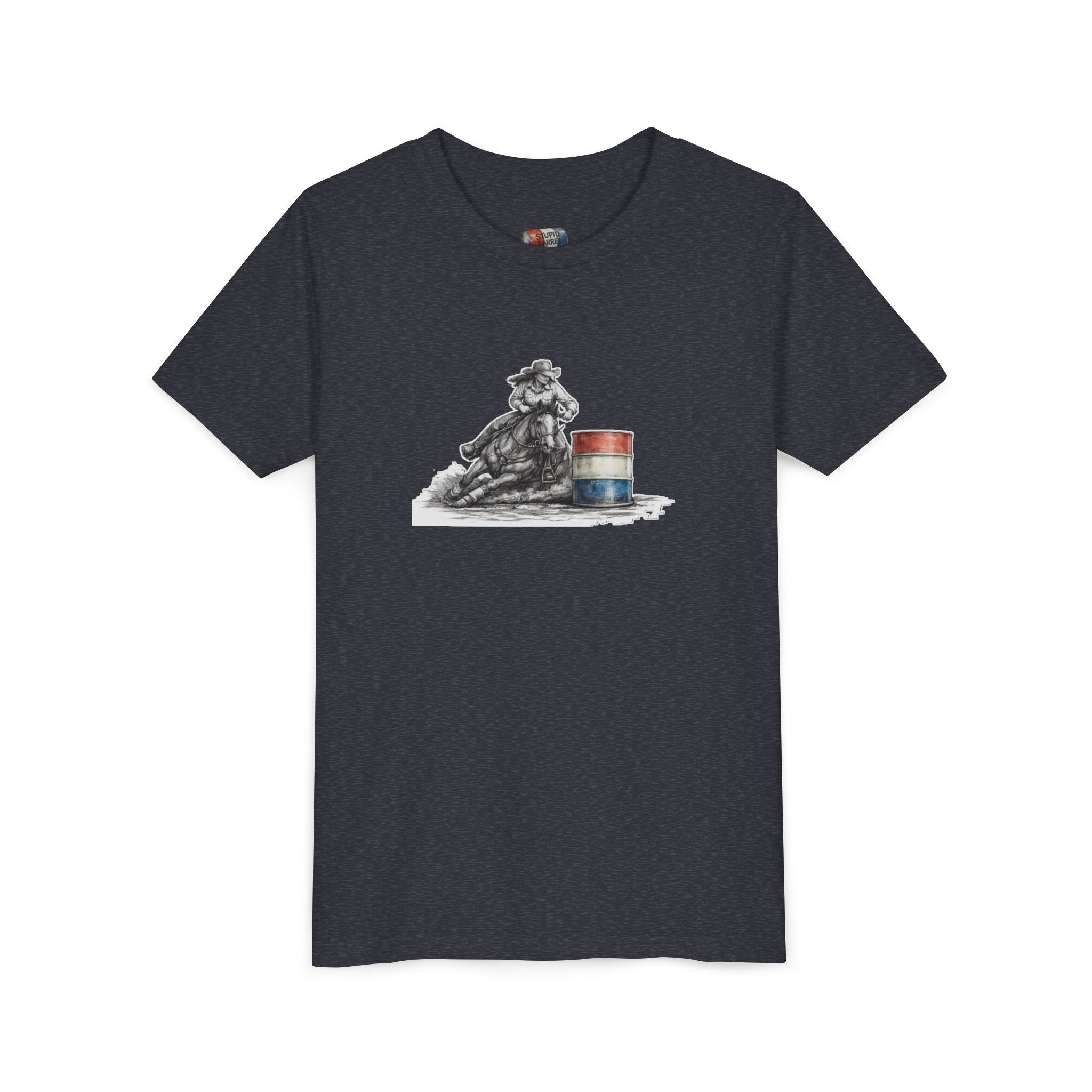 Youth Tee — Rodeo Cowgirl with Patriotic Barrel Graphic