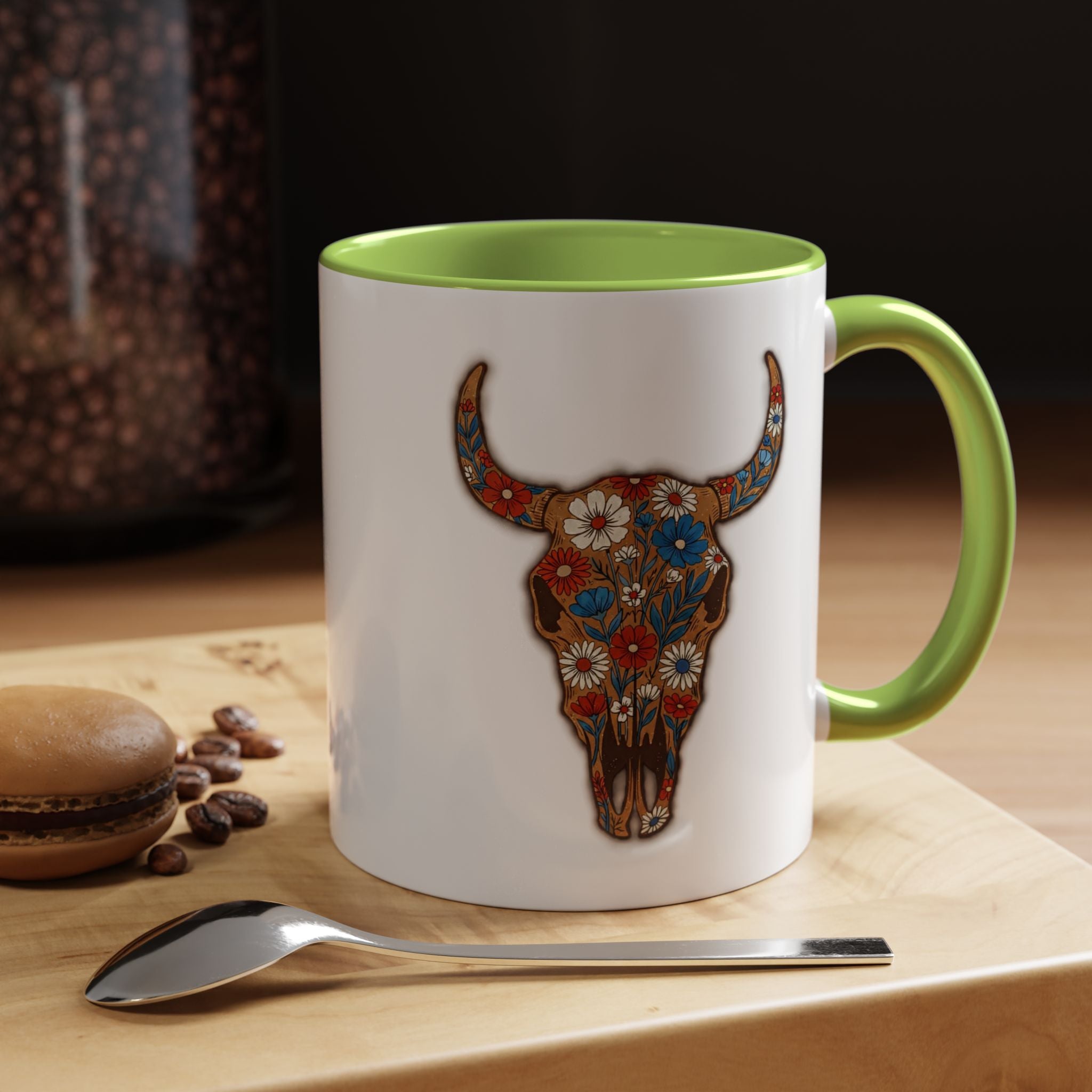 Red, White and Blue Floral Bull Skull Coffee Mug — Southwestern Accent 11/15oz