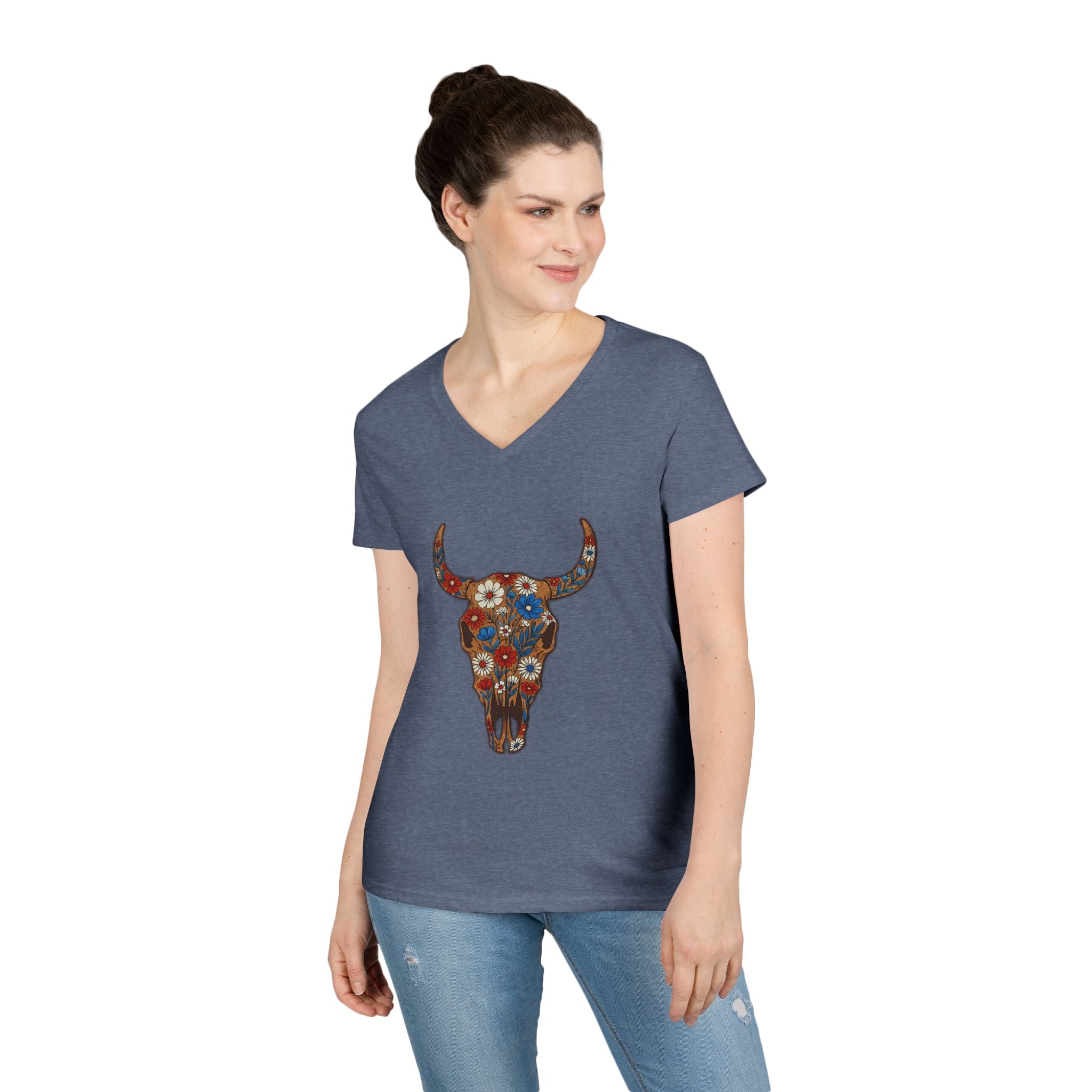 Floral Bull Skull V-Neck Tee