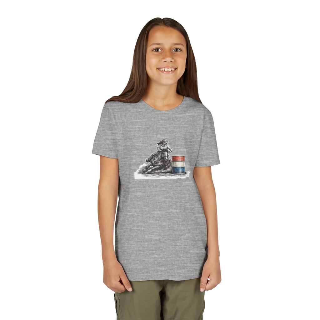 Youth Tee — Rodeo Cowgirl with Patriotic Barrel Graphic
