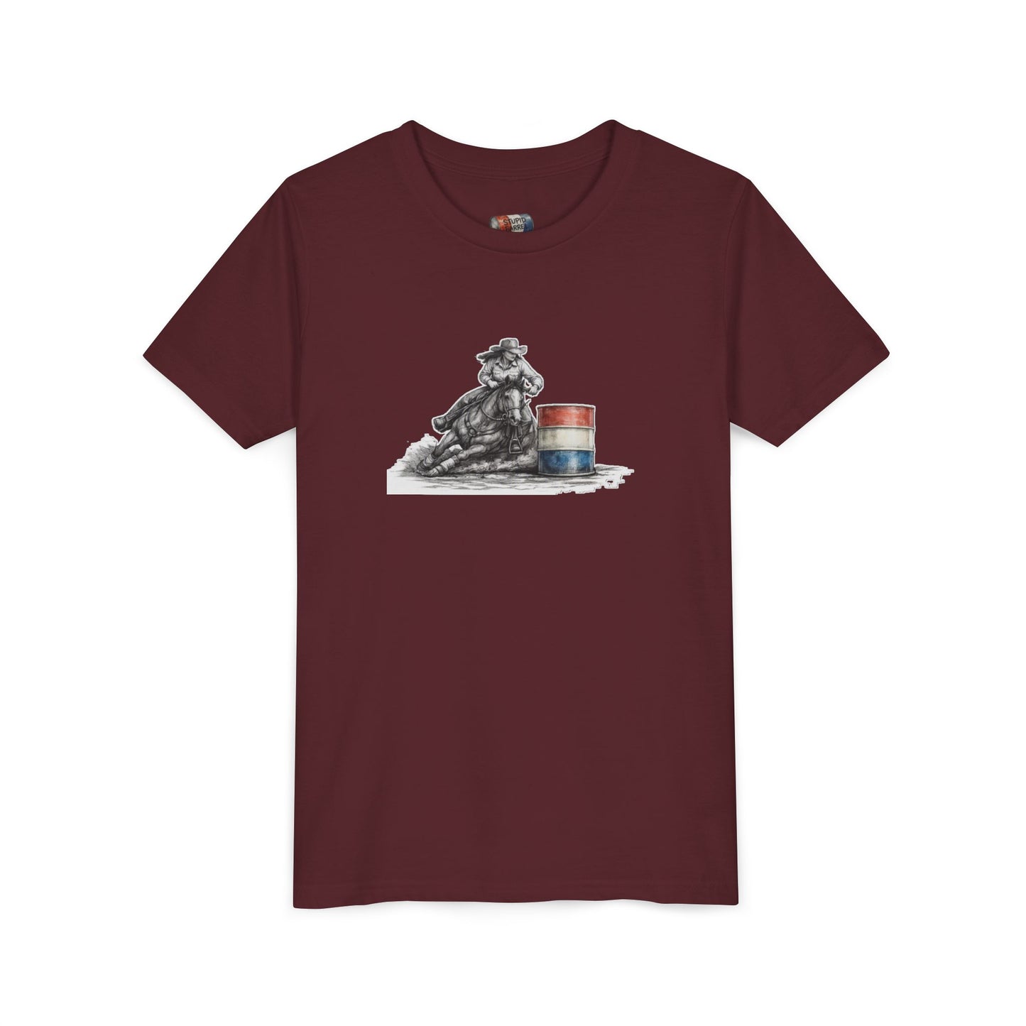 Youth Tee — Rodeo Cowgirl with Patriotic Barrel Graphic