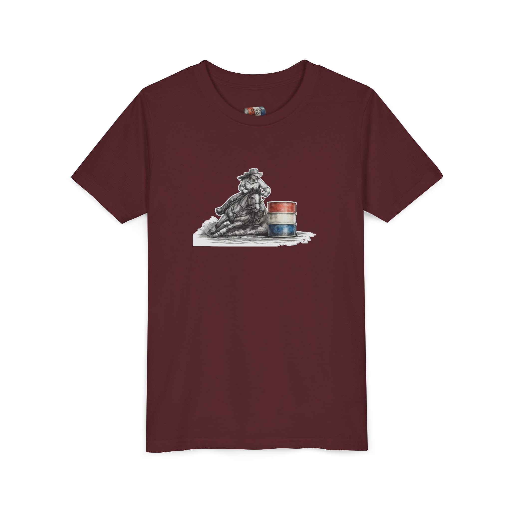Youth Tee — Rodeo Cowgirl with Patriotic Barrel Graphic