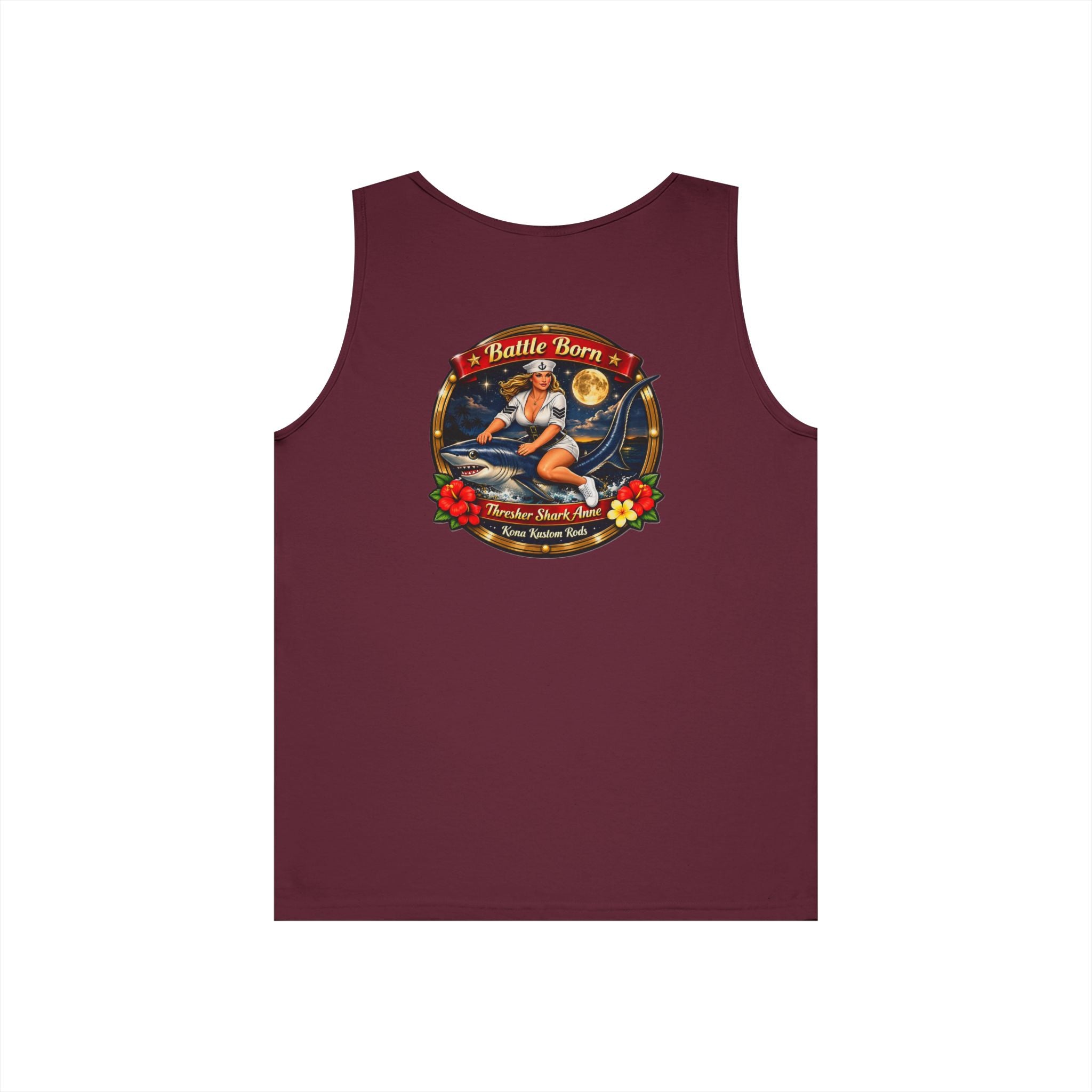 Kona Rods Vintage Pinup Beach Tank Top — 'Thresher Shark Anne' Retro WWII Nose Art