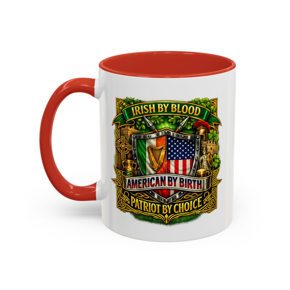 Irish Pride Coffee Mug — "Irish by Blood, American by Birth, Patriot by Choice" Patriotic Ceramic Mug
