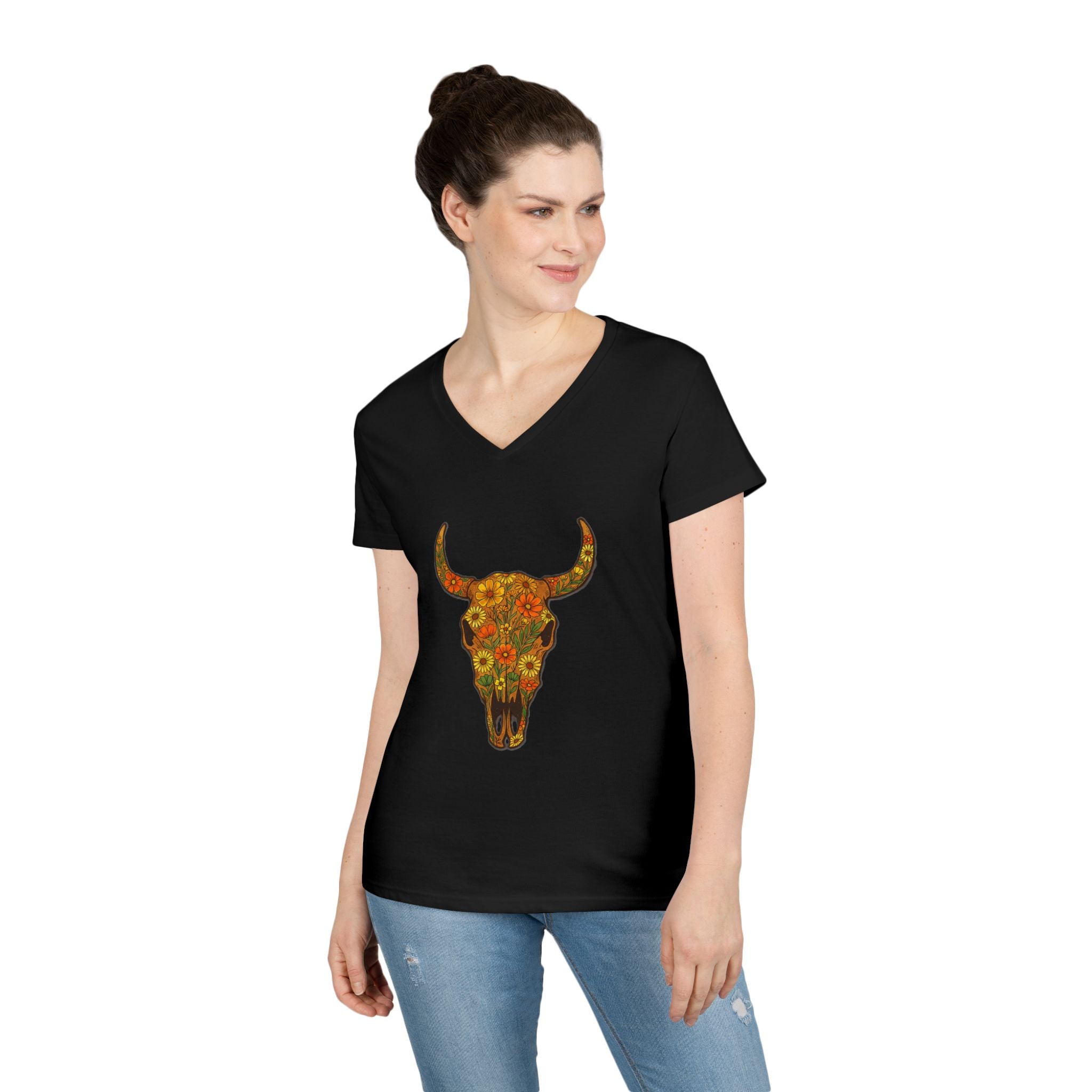 Floral Autumn Colors Bull Skull V-Neck Tee