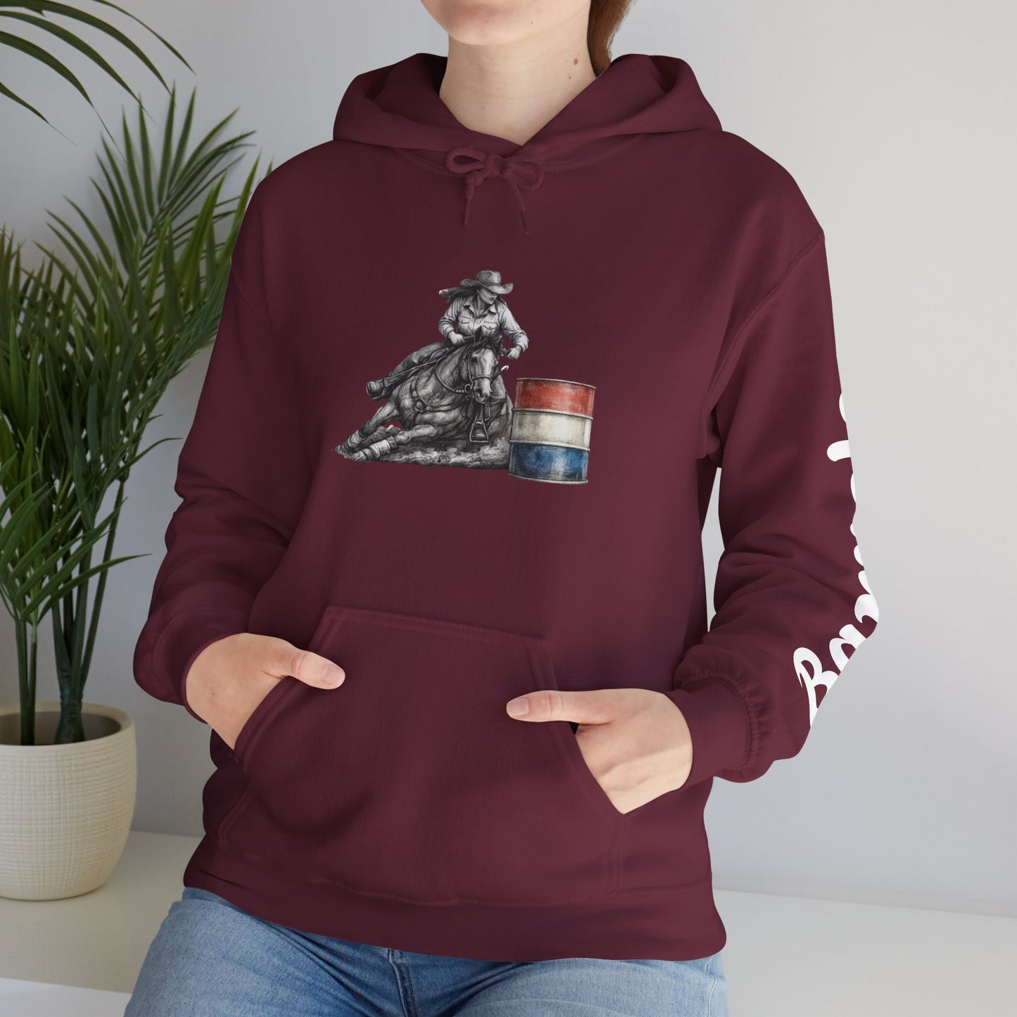 Cowboy Barrel Racing Hoodie — Western Rodeo Pullover with 'barrels' Sleeve Text