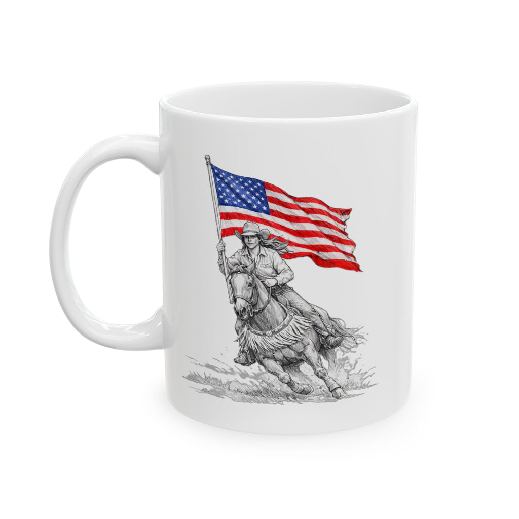 Patriotic Flag & Cowgirl Illustration, 'Freedom' Tribute Coffee Cup (11oz/15oz)