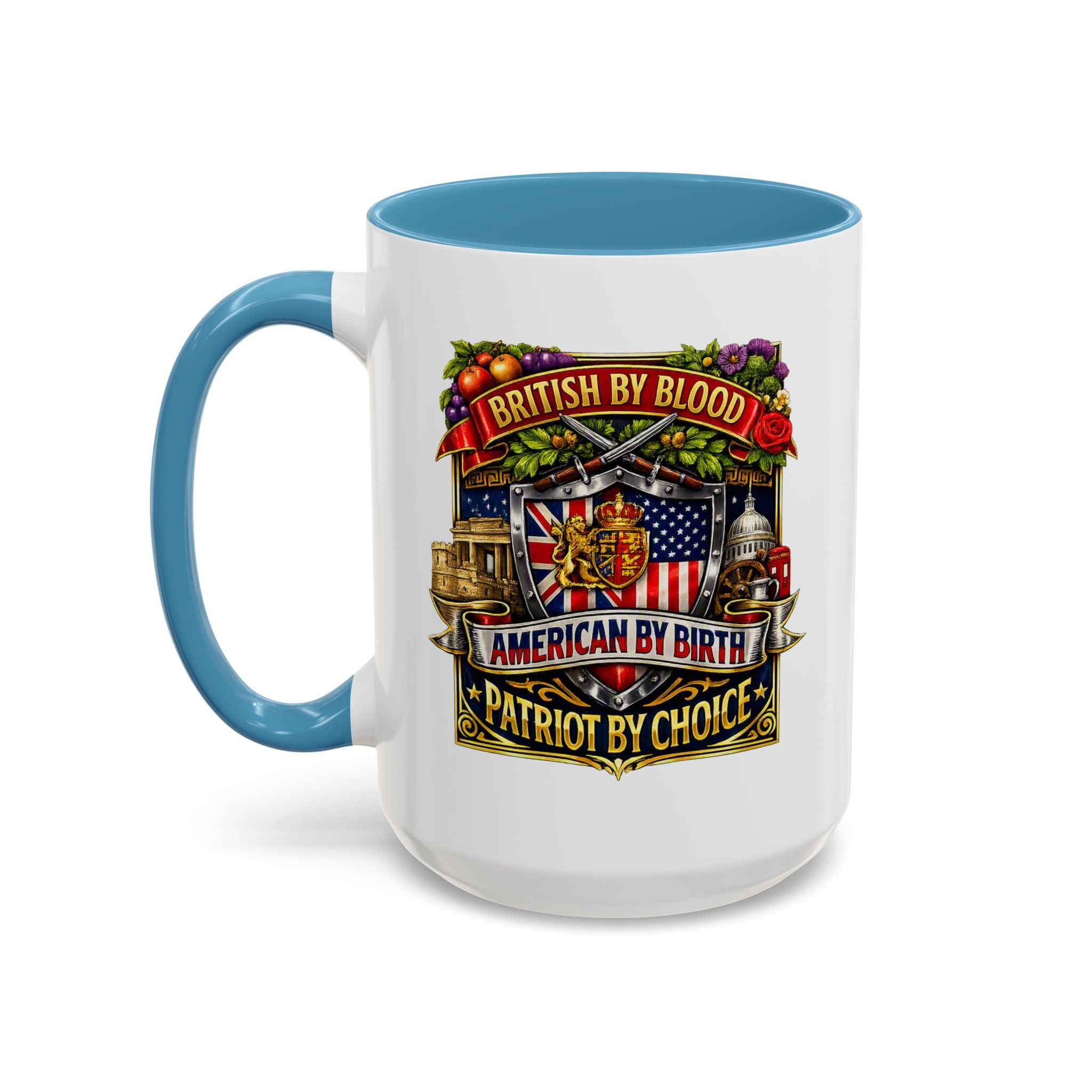 British Pride Coffee Mug — "British by Blood, American by Birth, Patriot by Choice" Patriotic Ceramic Mug