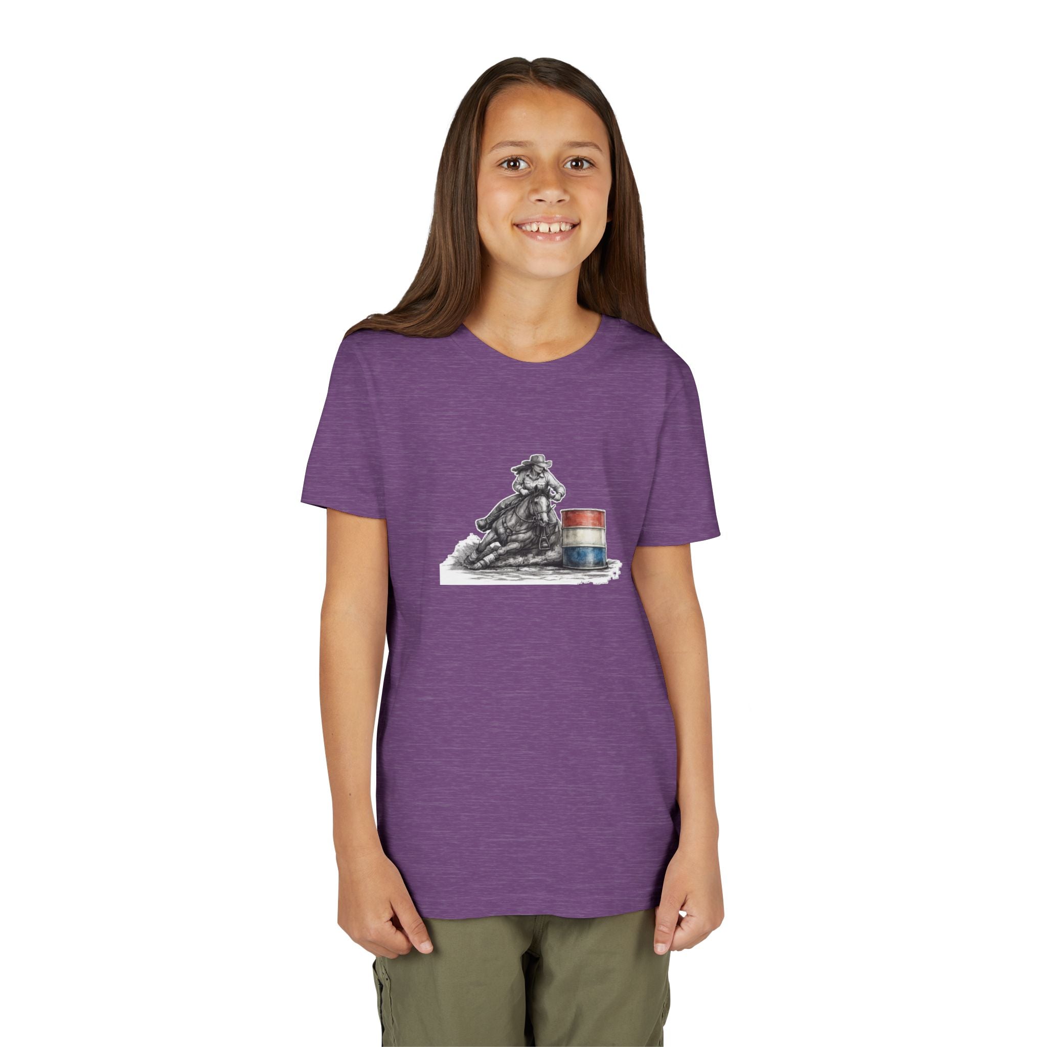 Youth Tee — Rodeo Cowgirl with Patriotic Barrel Graphic