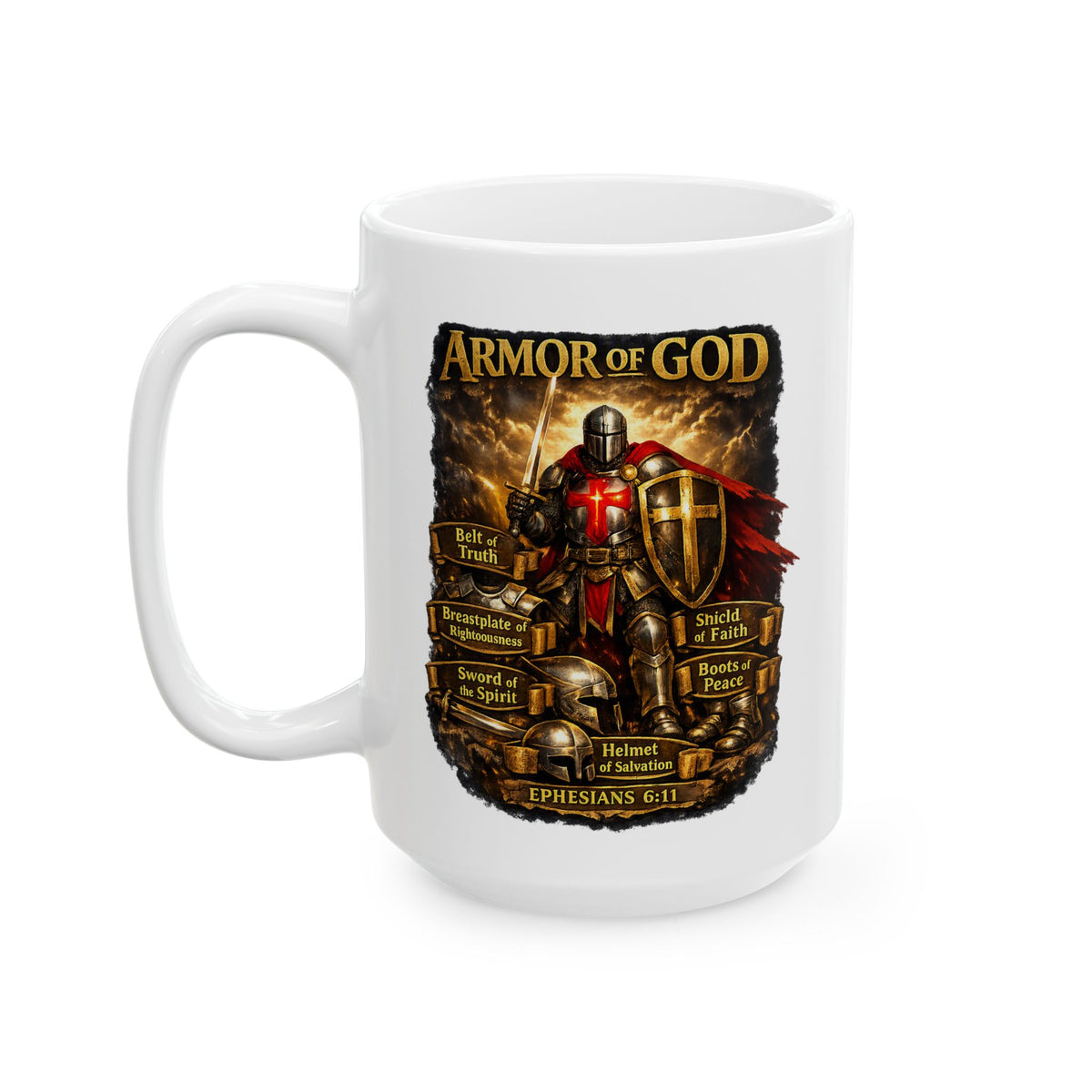 Christian inspirational Ceramic Mug – "Armor of God" Coffee Cup (15oz)