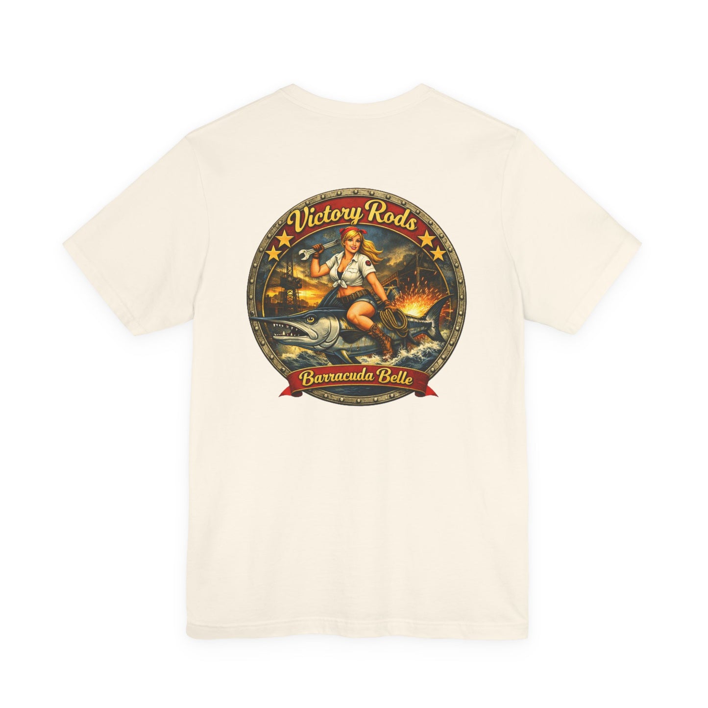 Barracuda Belle Vintage Pinup Tee — Victory Rods Motorcycle T‑Shirt