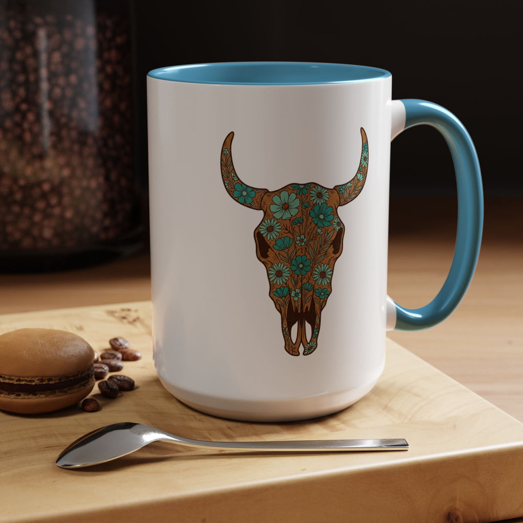 Red, White and Blue Floral Bull Skull Coffee Mug — Southwestern Accent 11/15oz