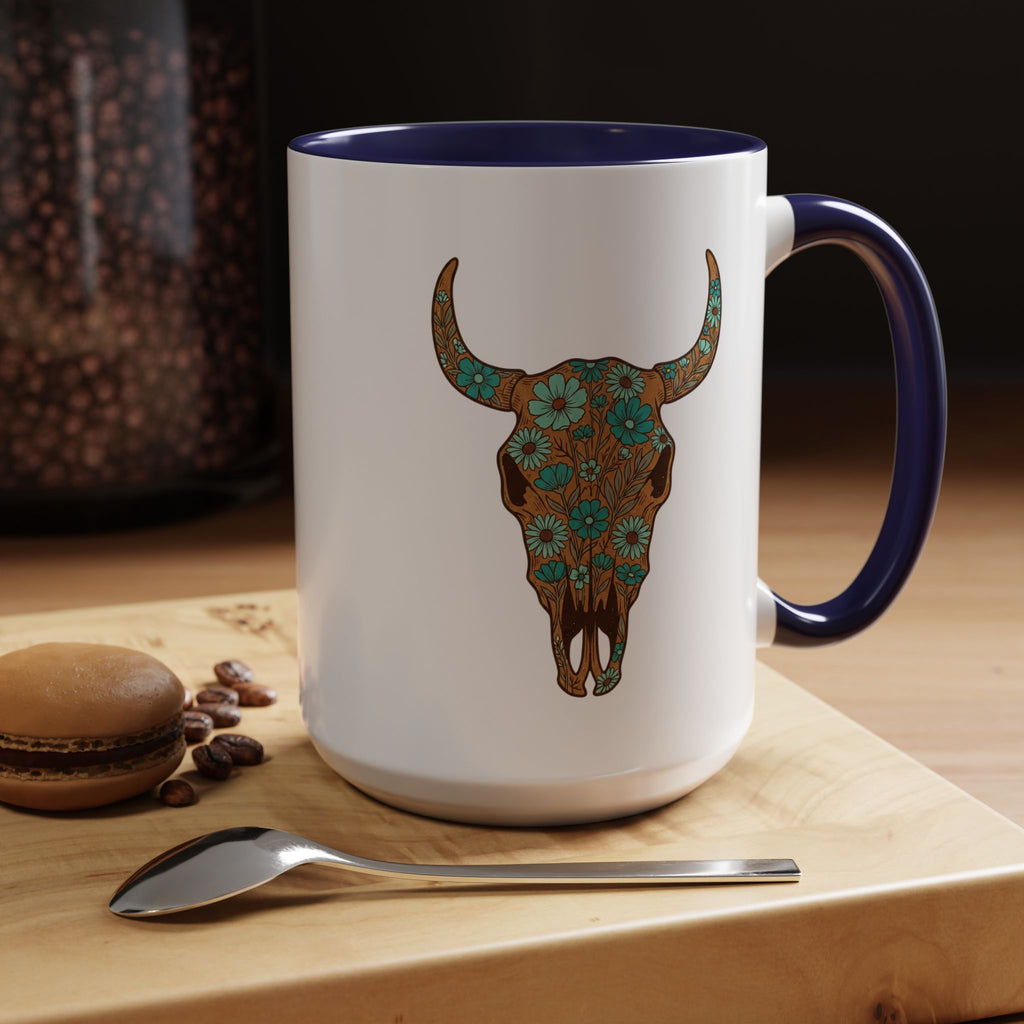 Red, White and Blue Floral Bull Skull Coffee Mug — Southwestern Accent 11/15oz