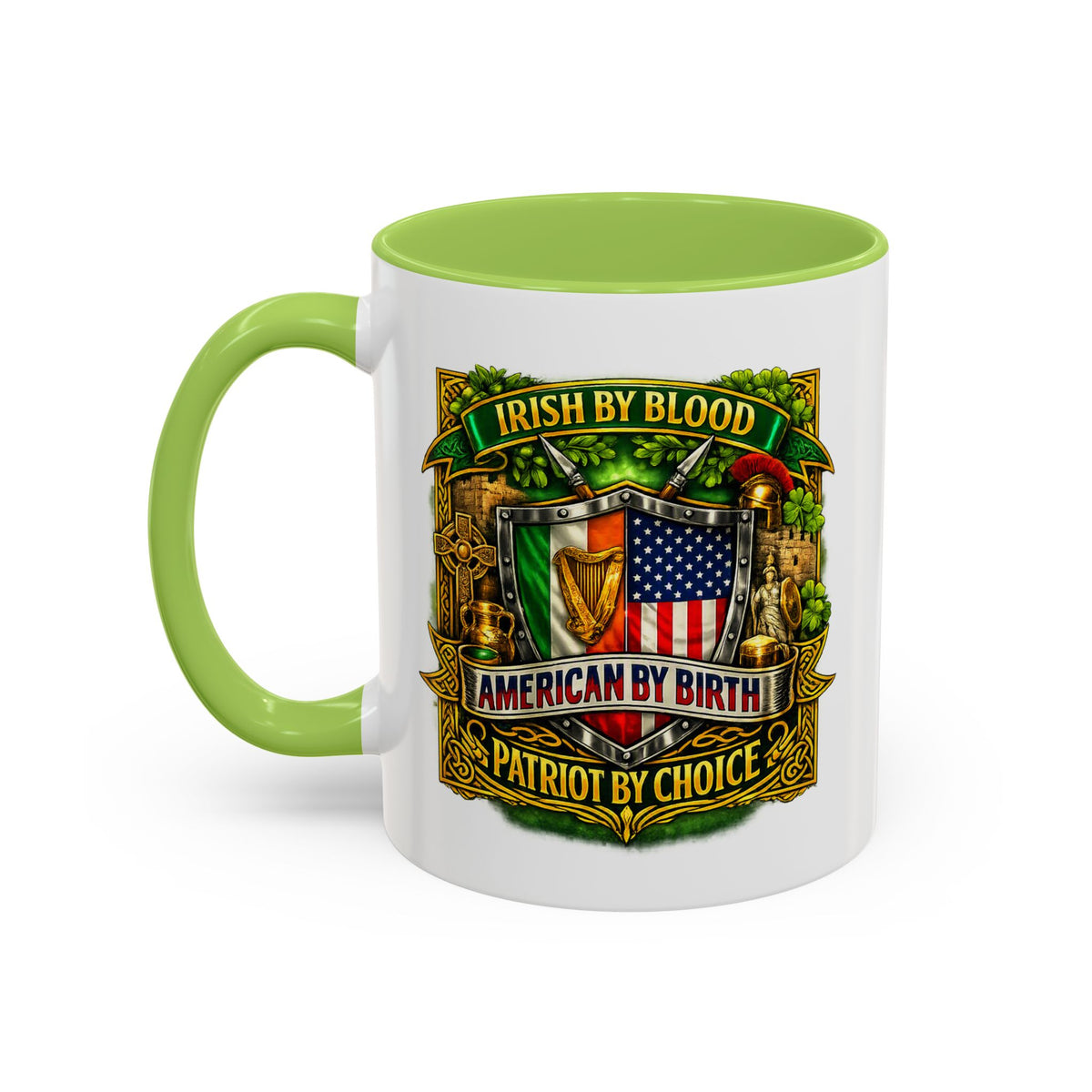 Irish Pride Coffee Mug — "Irish by Blood, American by Birth, Patriot by Choice" Patriotic Ceramic Mug