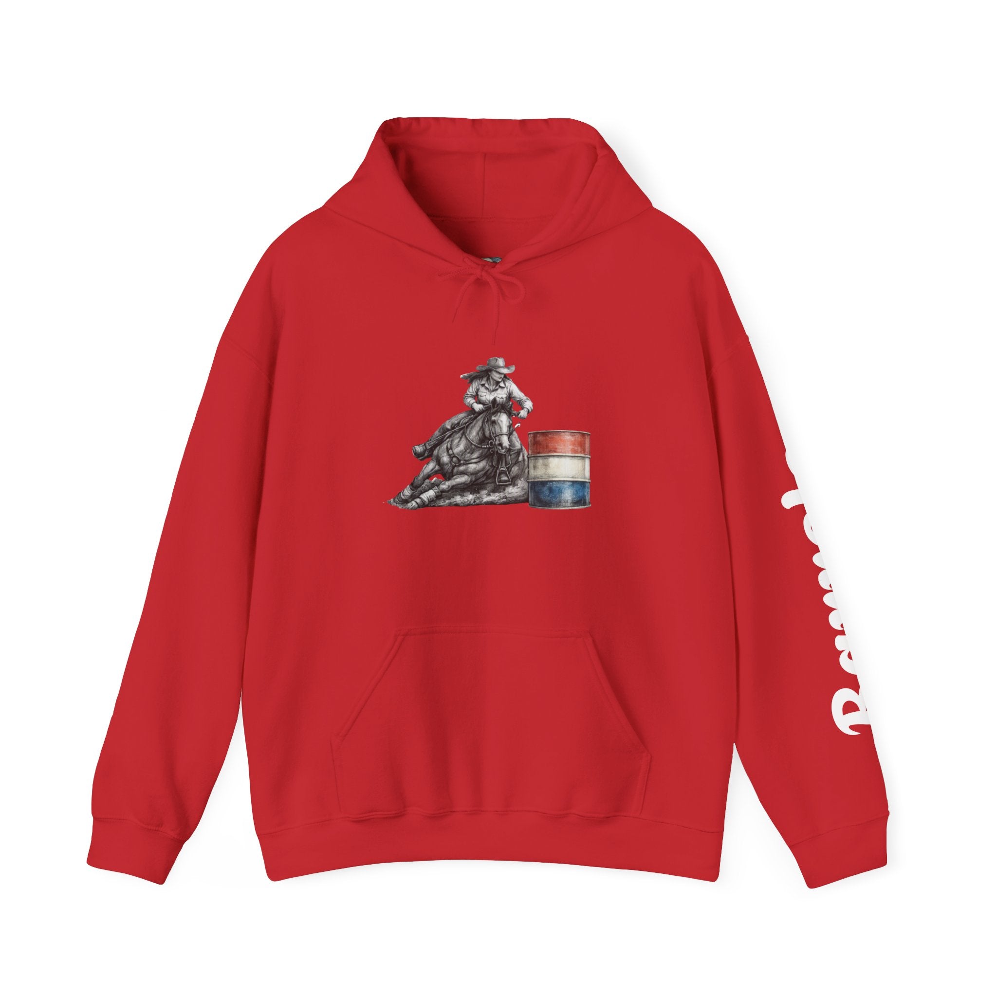 Cowgirl Barrel Racing Hoodie — Western Rodeo Pullover with 'barrels' Sleeve Text