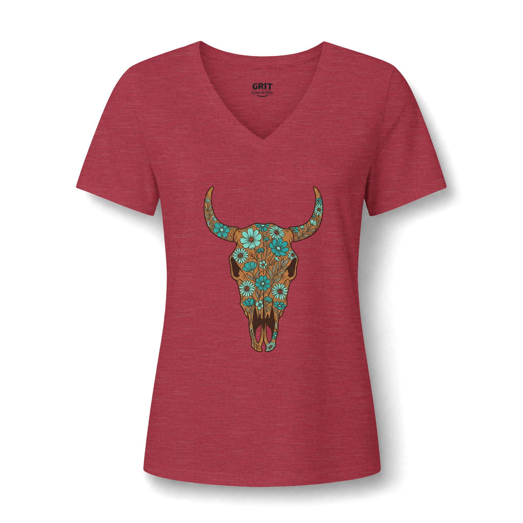 Women's V-Neck Tee — Floral Turquoise Bull Skull Graphic