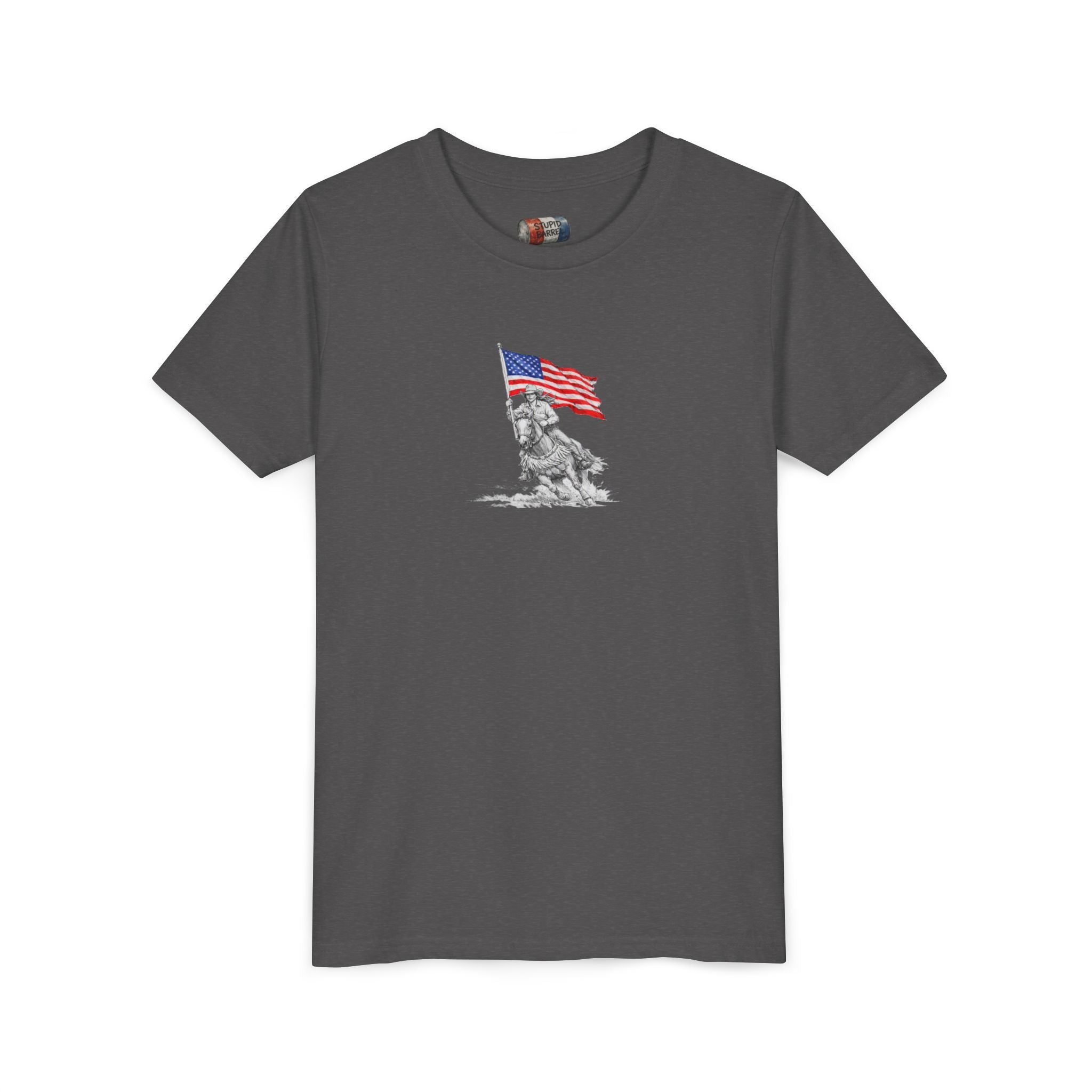 Youth Tee — Rodeo Bull Rider with Patriotic Barrel Graphic