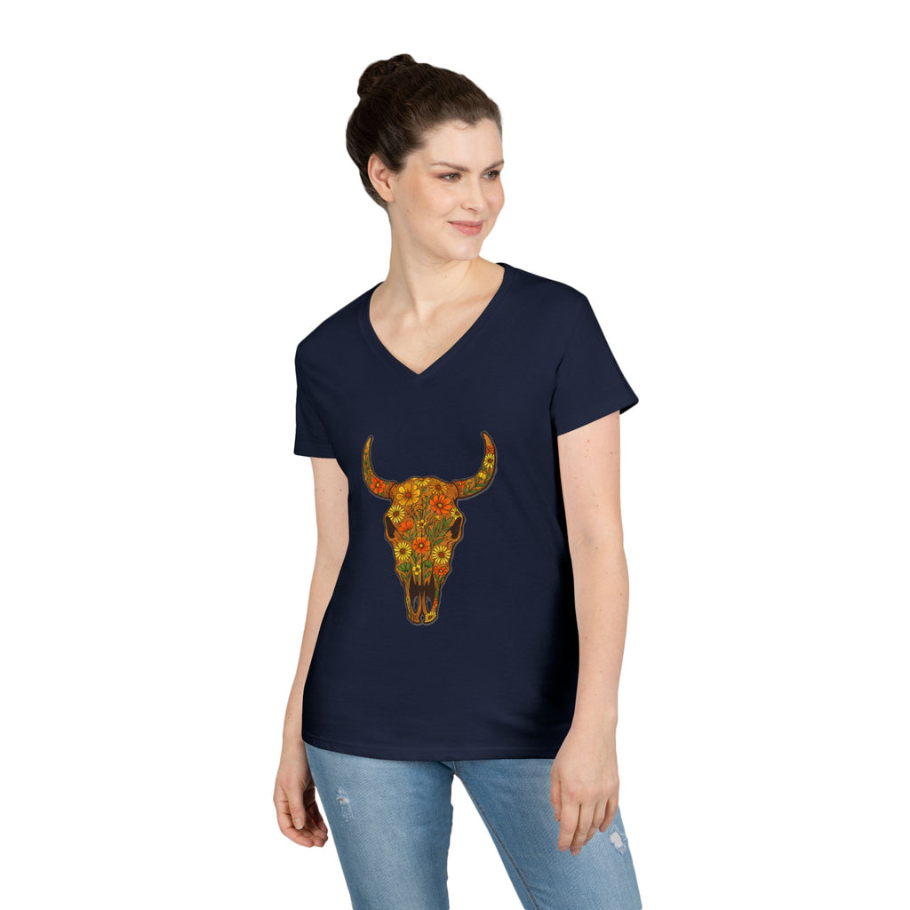 Floral Autumn Colors Bull Skull V-Neck Tee