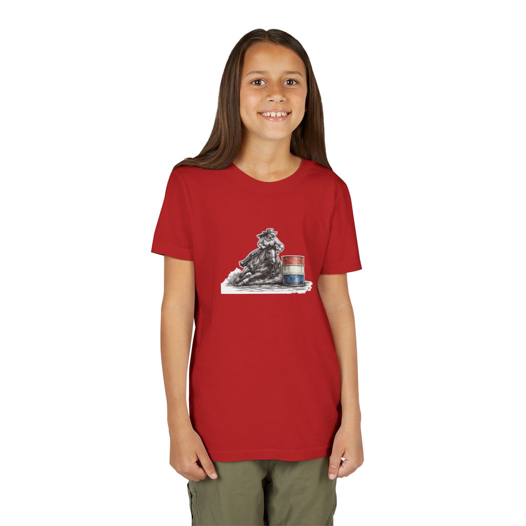 Youth Tee — Rodeo Cowgirl with Patriotic Barrel Graphic