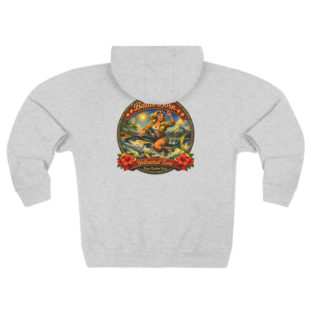 Vintage Hawaiian Bait Shop Zip Hoodie — Island Vibes with a WWll Pinup Graphic