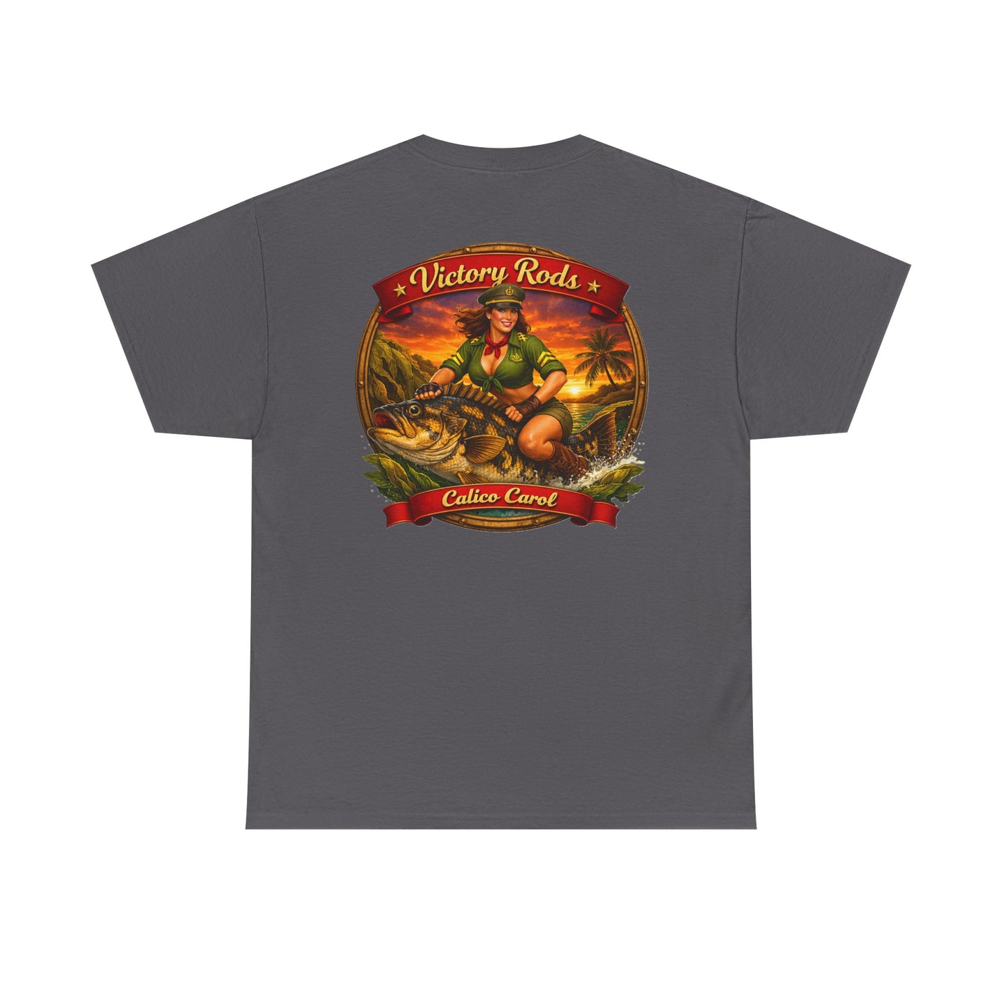 Vintage Pinup Fishing T-Shirt — “Victory Rods” Calico Carol Graphic Tee