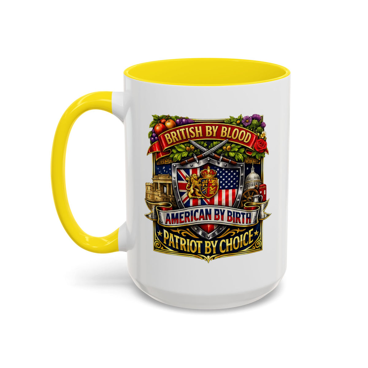 British Pride Coffee Mug — "British by Blood, American by Birth, Patriot by Choice" Patriotic Ceramic Mug