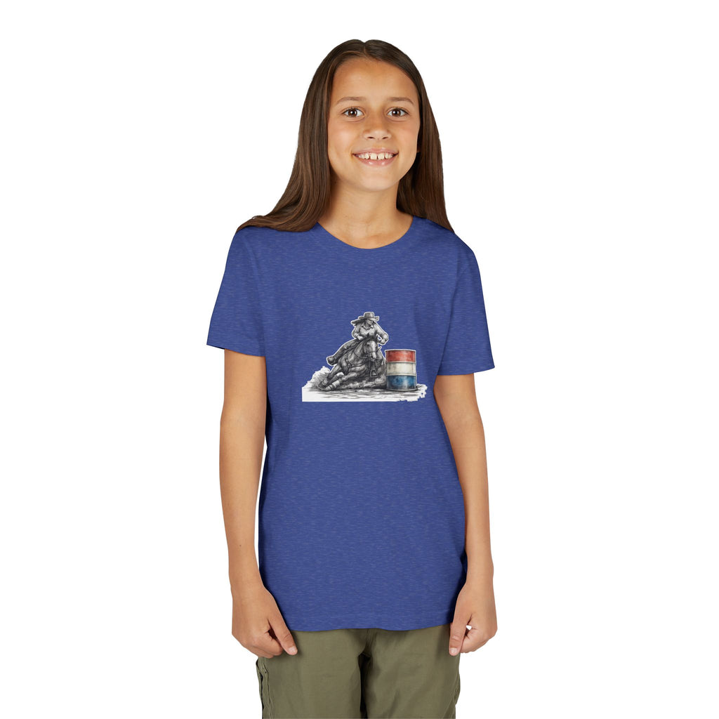 Youth Tee — Rodeo Cowgirl with Patriotic Barrel Graphic