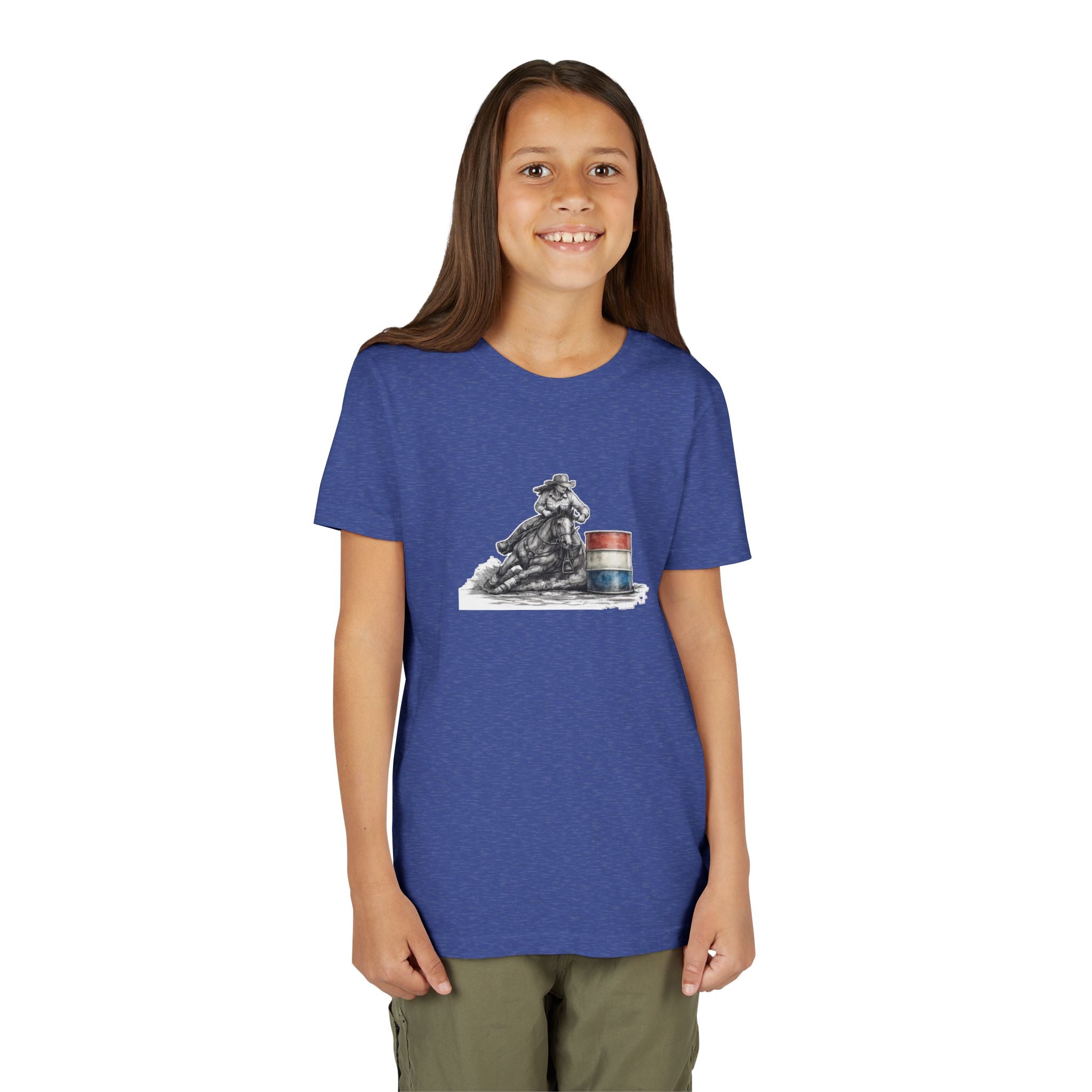 Youth Tee — Rodeo Cowgirl with Patriotic Barrel Graphic