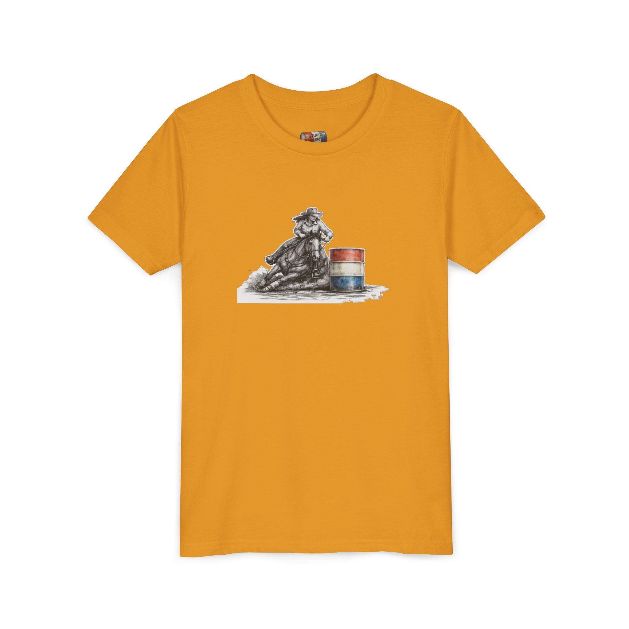 Youth Tee — Rodeo Cowgirl with Patriotic Barrel Graphic
