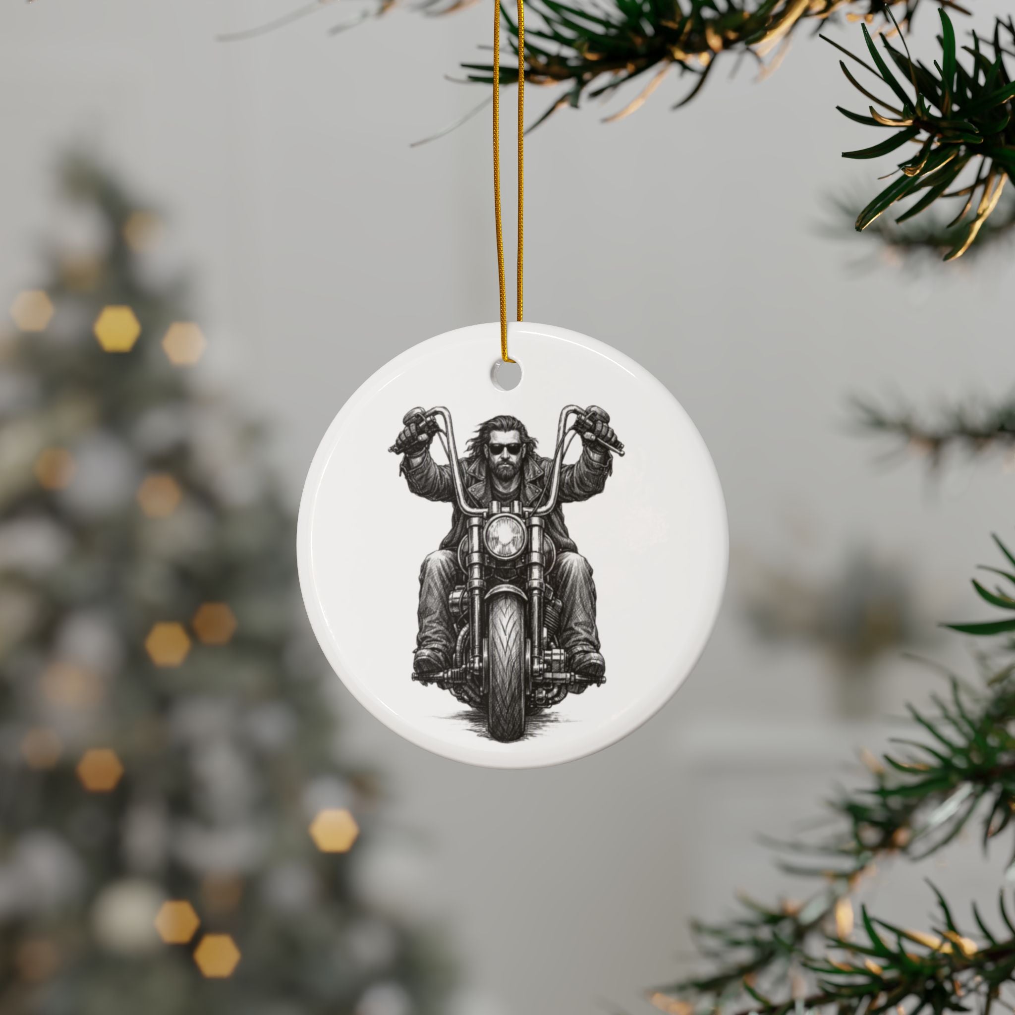 Biker Motorcycle Ceramic Ornament — Double-Sided Round Holiday Decoration