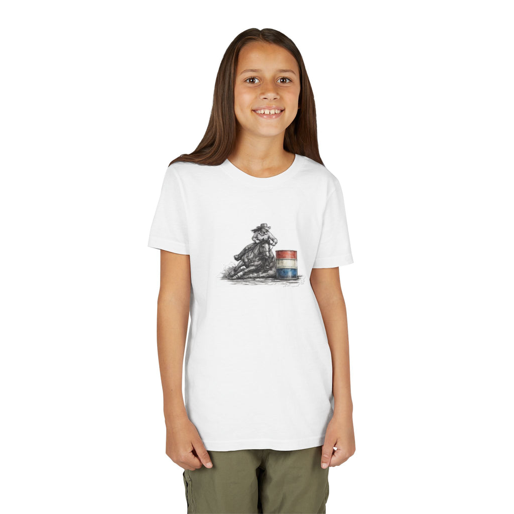 Youth Tee — Rodeo Cowgirl with Patriotic Barrel Graphic