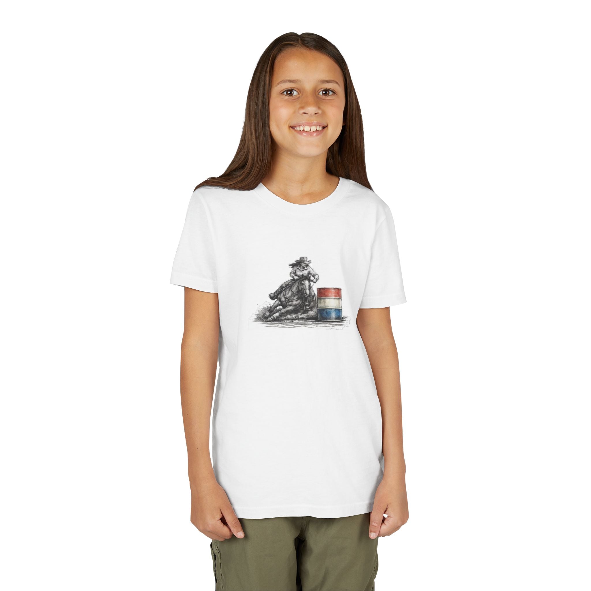 Youth Tee — Rodeo Cowgirl with Patriotic Barrel Graphic