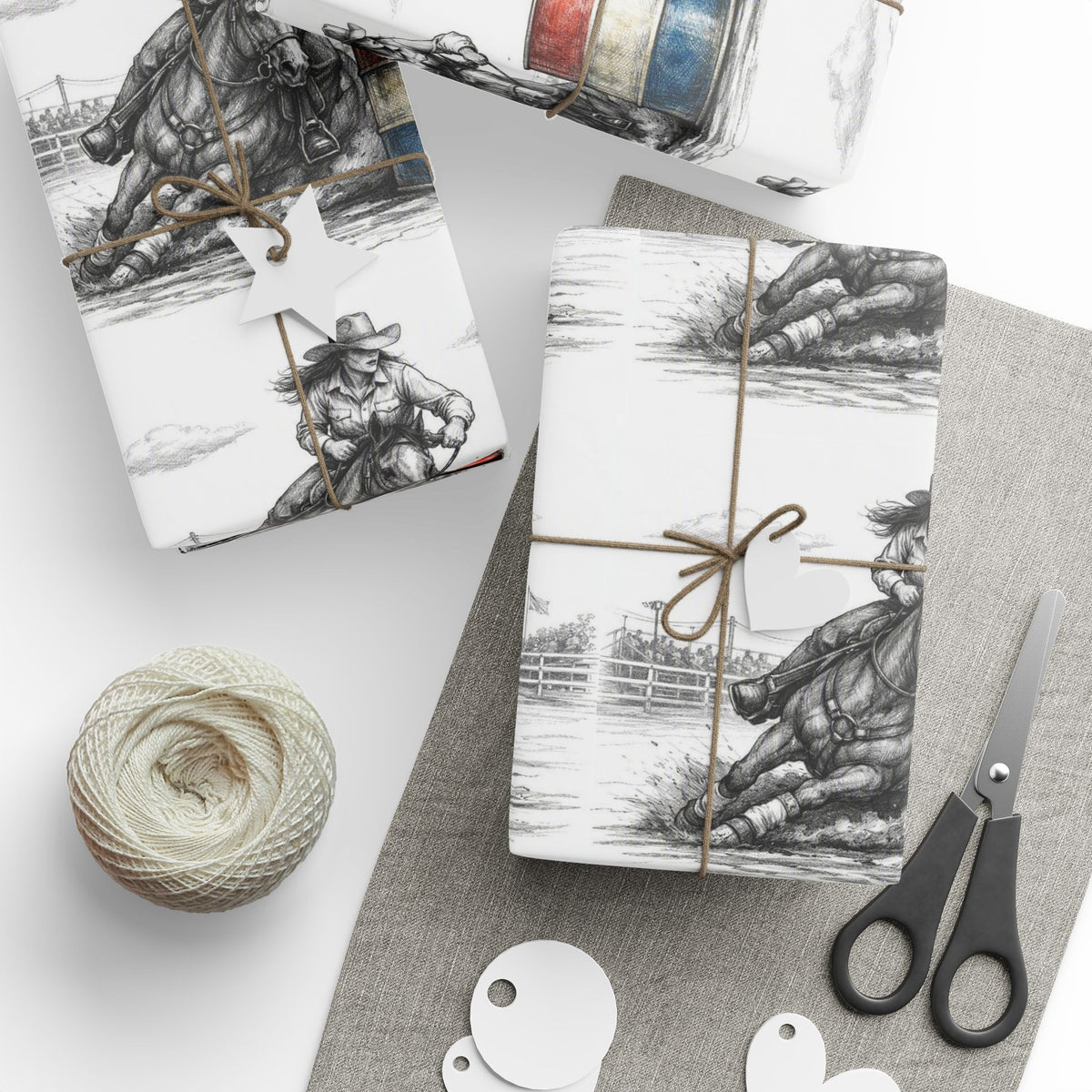 Barrel Racing Wrapping Paper Roll — Black Sketch Rodeo Gift Wrap