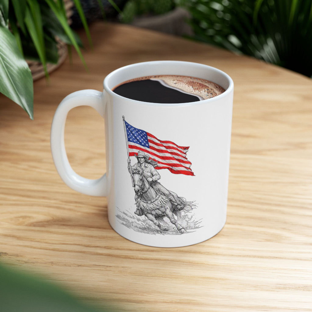 Patriotic Flag & Cowgirl Illustration, 'Freedom' Tribute Coffee Cup (11oz/15oz)
