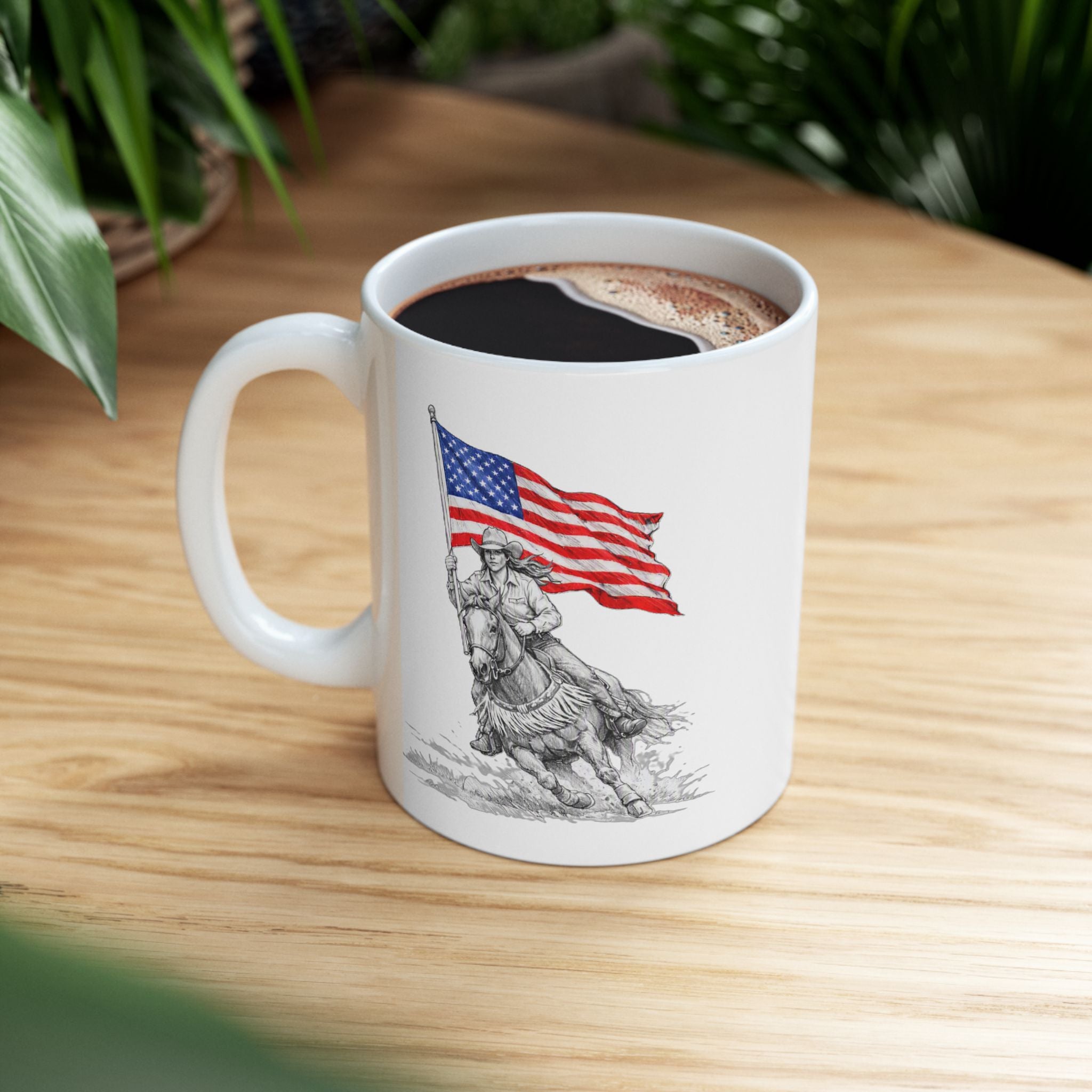 Patriotic Flag & Cowgirl Illustration, 'Freedom' Tribute Coffee Cup (11oz/15oz)
