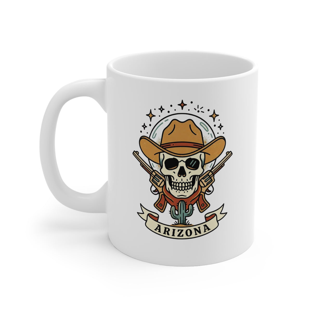 Arizona Skull Cowboy Mug — Western Skull with Guns & Cactus 11oz