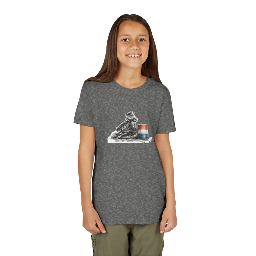 Youth Tee — Rodeo Cowgirl with Patriotic Barrel Graphic