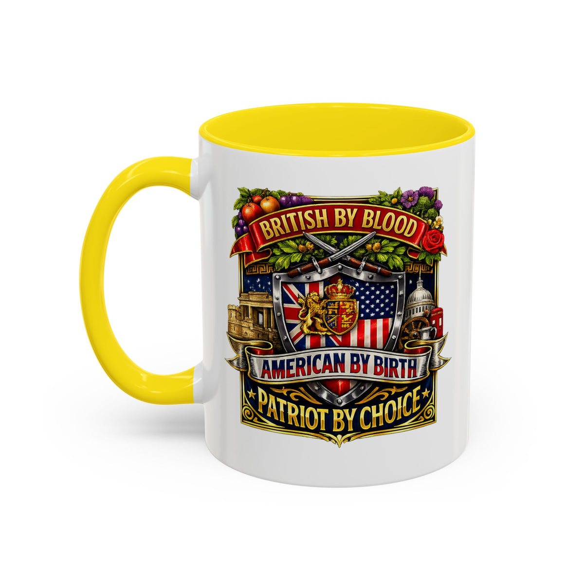 British Pride Coffee Mug — "British by Blood, American by Birth, Patriot by Choice" Patriotic Ceramic Mug