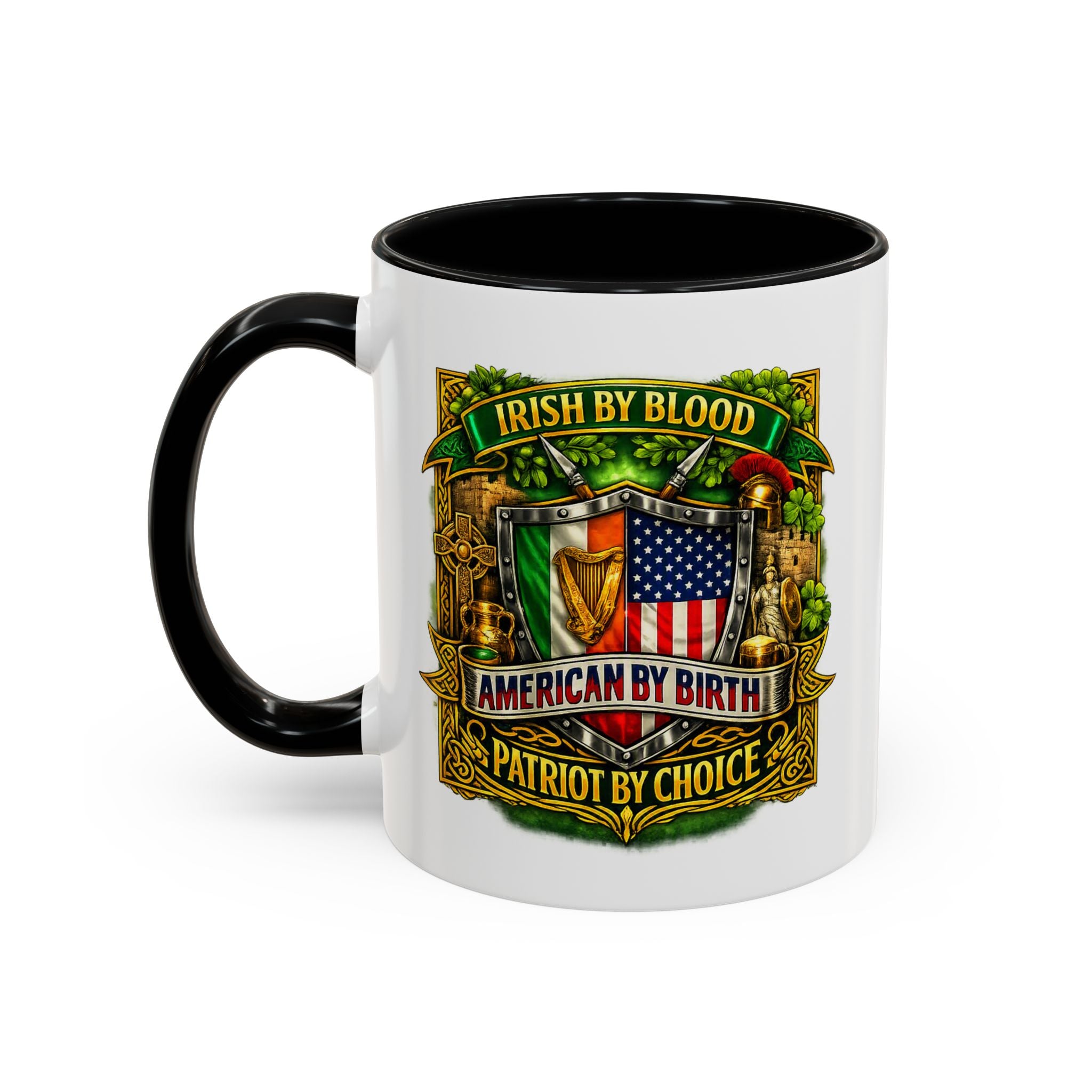 Irish Pride Coffee Mug — "Irish by Blood, American by Birth, Patriot by Choice" Patriotic Ceramic Mug