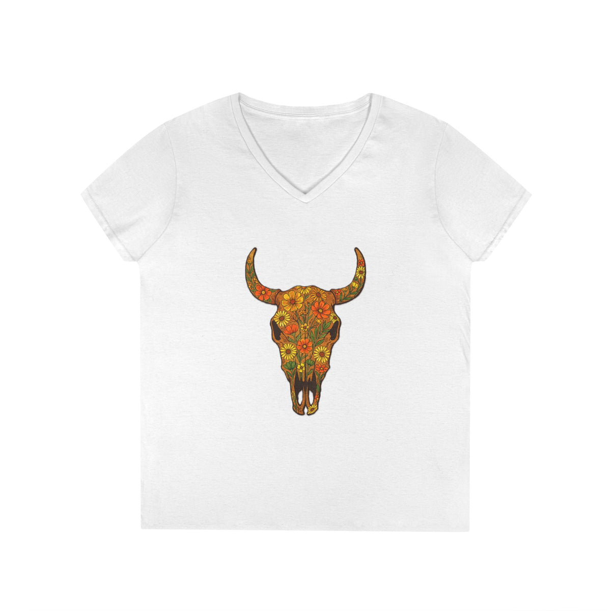 Floral Autumn Colors Bull Skull V-Neck Tee