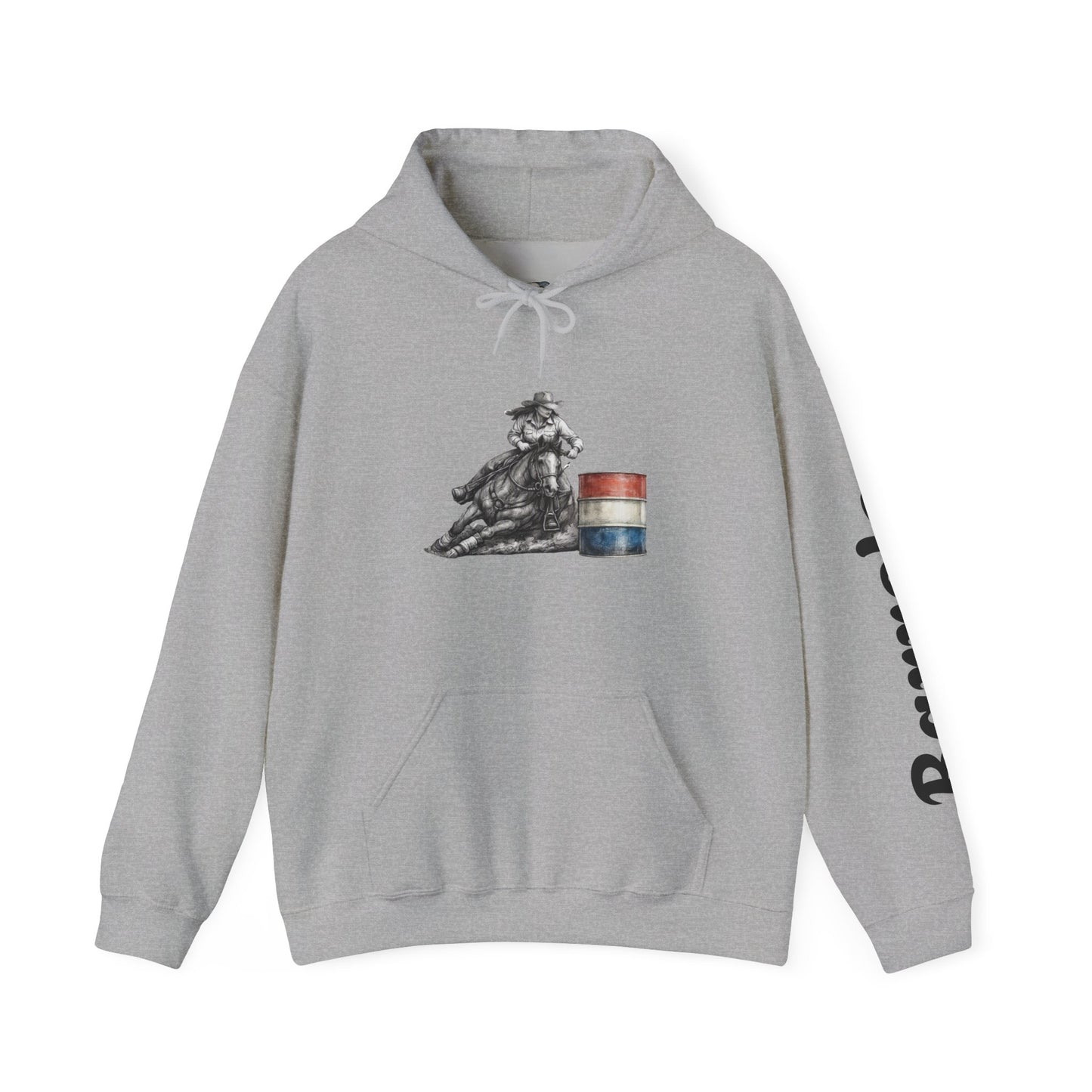 Cowboy Barrel Racing Hoodie — Western Rodeo Pullover with 'barrels' Sleeve Text