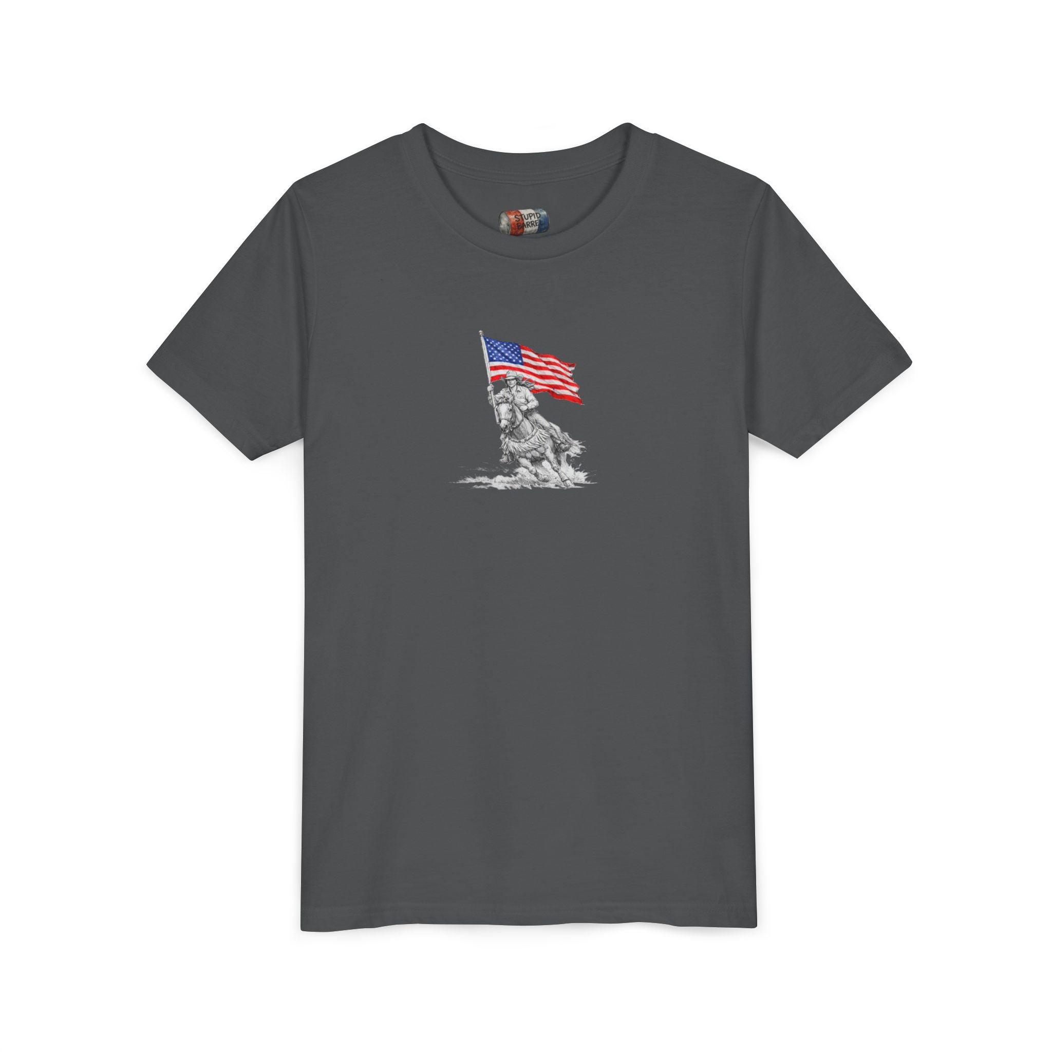Youth Tee — Rodeo Bull Rider with Patriotic Barrel Graphic