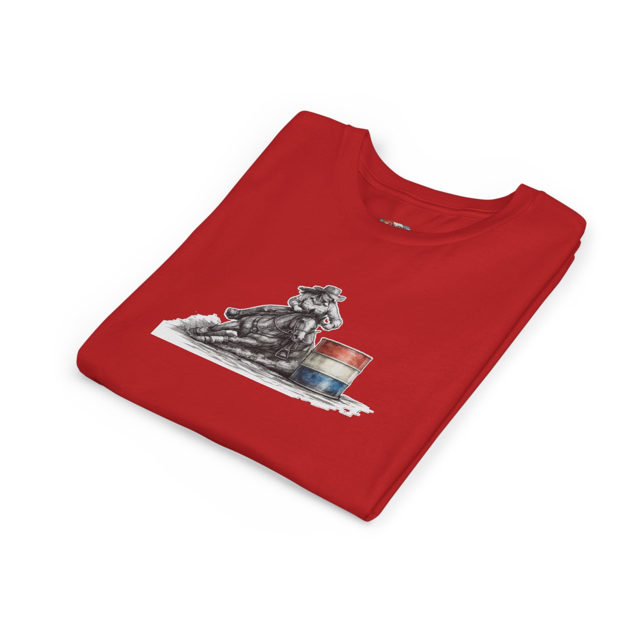 Youth Tee — Rodeo Cowgirl with Patriotic Barrel Graphic