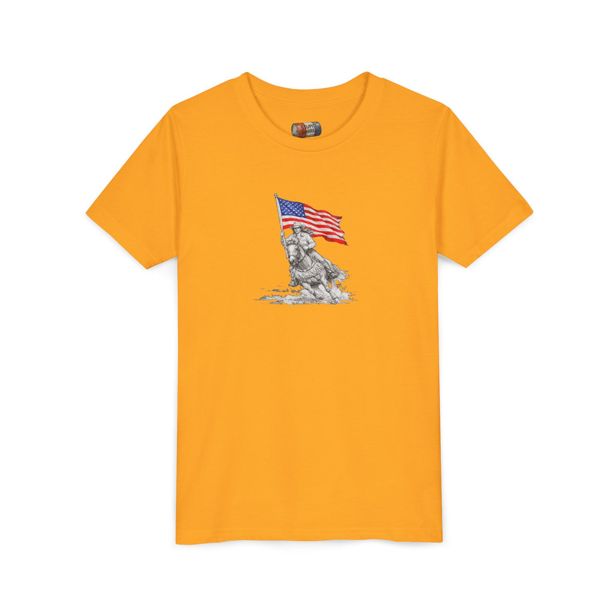 Youth Tee — Rodeo Barrel Racer with Patriotic Barrel Graphic